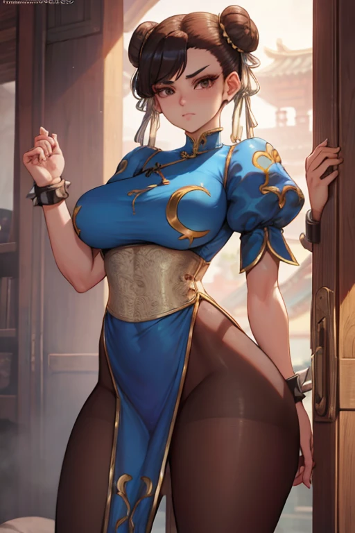masterpiece, best quality, perfect face, perfect brown eyes with white sclera, bad-hands-5, solo, 1girl, upper body, brown hair, sf6 chun, mature female, double bun, yellow ribbon, chinese clothing, side slit, tight pants, blue pants, makeup, wide hips, thick thighs, cleavage cutout, white shirt, from below,