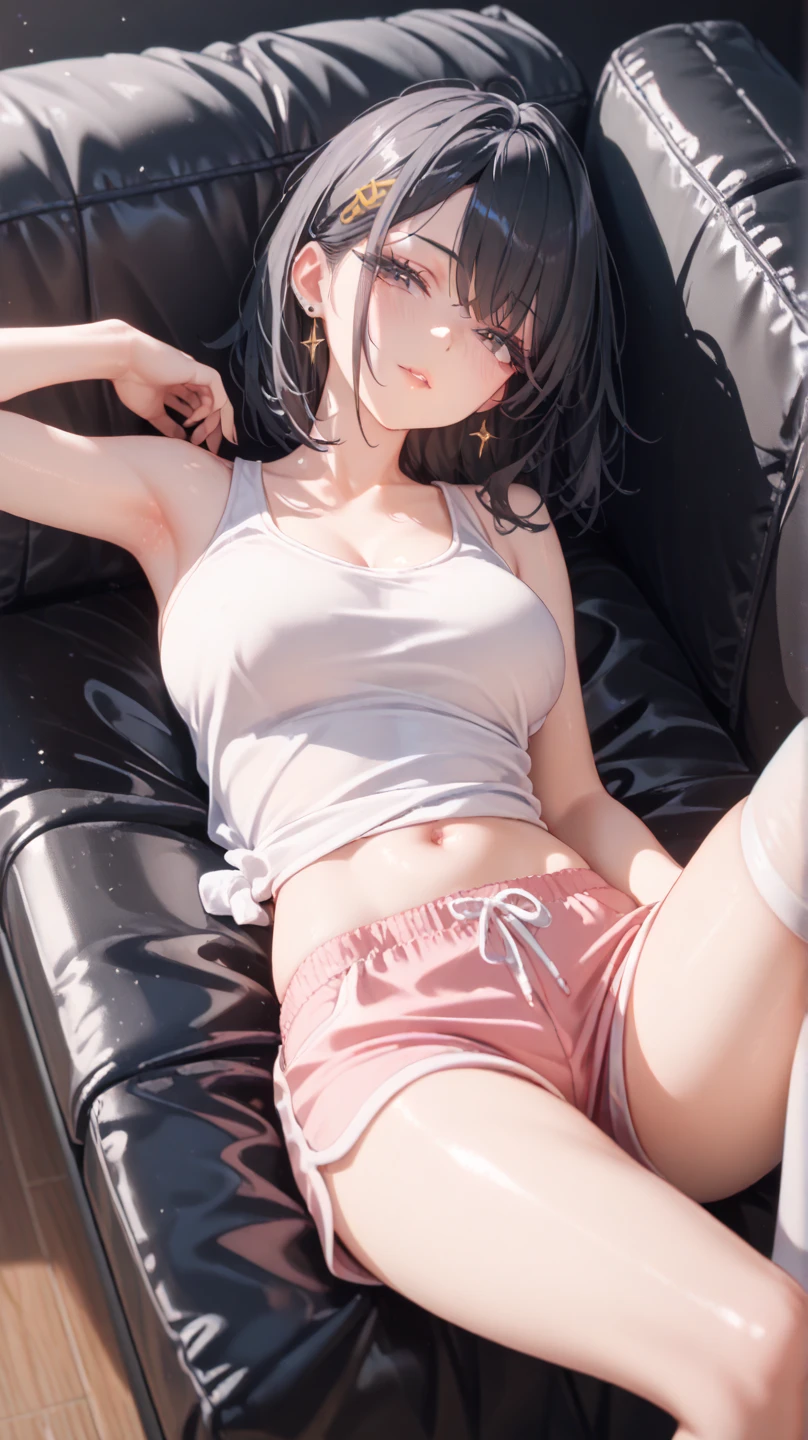 nsfw,((female masturbation)),((perfect anatomy,realistic:1.3,RAW Photography:1.3,masterpiece、highest quality、Ultra - High resolution、High resolution、Highly detailed CG、8K)),cowboy shot,1 female,solo,Turn your back to the viewer、High school girl swordsman、18 year old beautiful girl,Japanese,(((beautiful detailed face and eyes:1.3,big gorgeous eyes:1.5,gray eyes,shy,drooling))),black hair,long bob hair,(center parted hair,forehead),(medium breasts,slender body,small head:1.4,skinny),((oily skin)),(gleaming skin,shiny skin,sweat:1.5),(White cropped tank top,White panties、Love juice:1.5,Bare legs,navel),((breast grab,hand touching crotch:1.5,herself)),sitting,spread legs:1.5,Simple bedroom、simple bed、at night、moonlight、Tokyo、