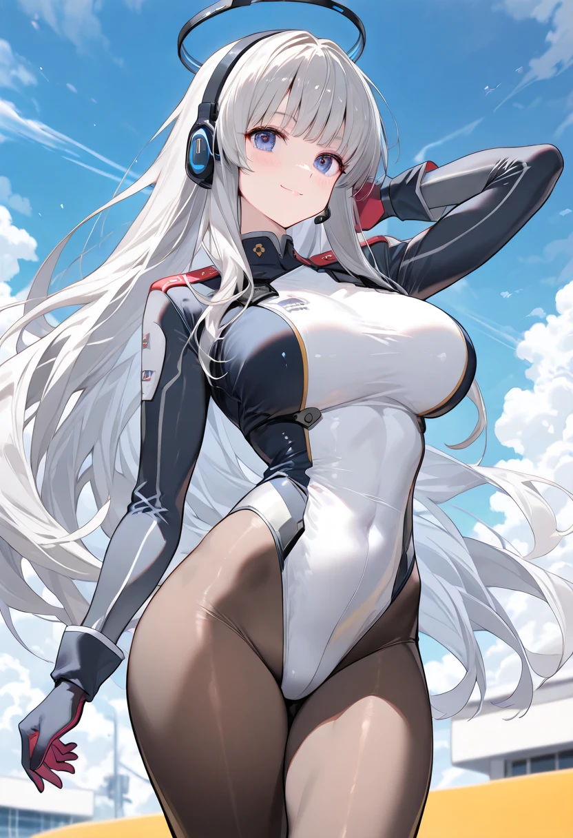 masterpiece, highest quality, Absurd,nikkesw
yellow eyes, white hair, long hair, headgear,(upper body),(competition swimsuit:1.3),crotch focus,bare legs,bare neck,bare shoulders