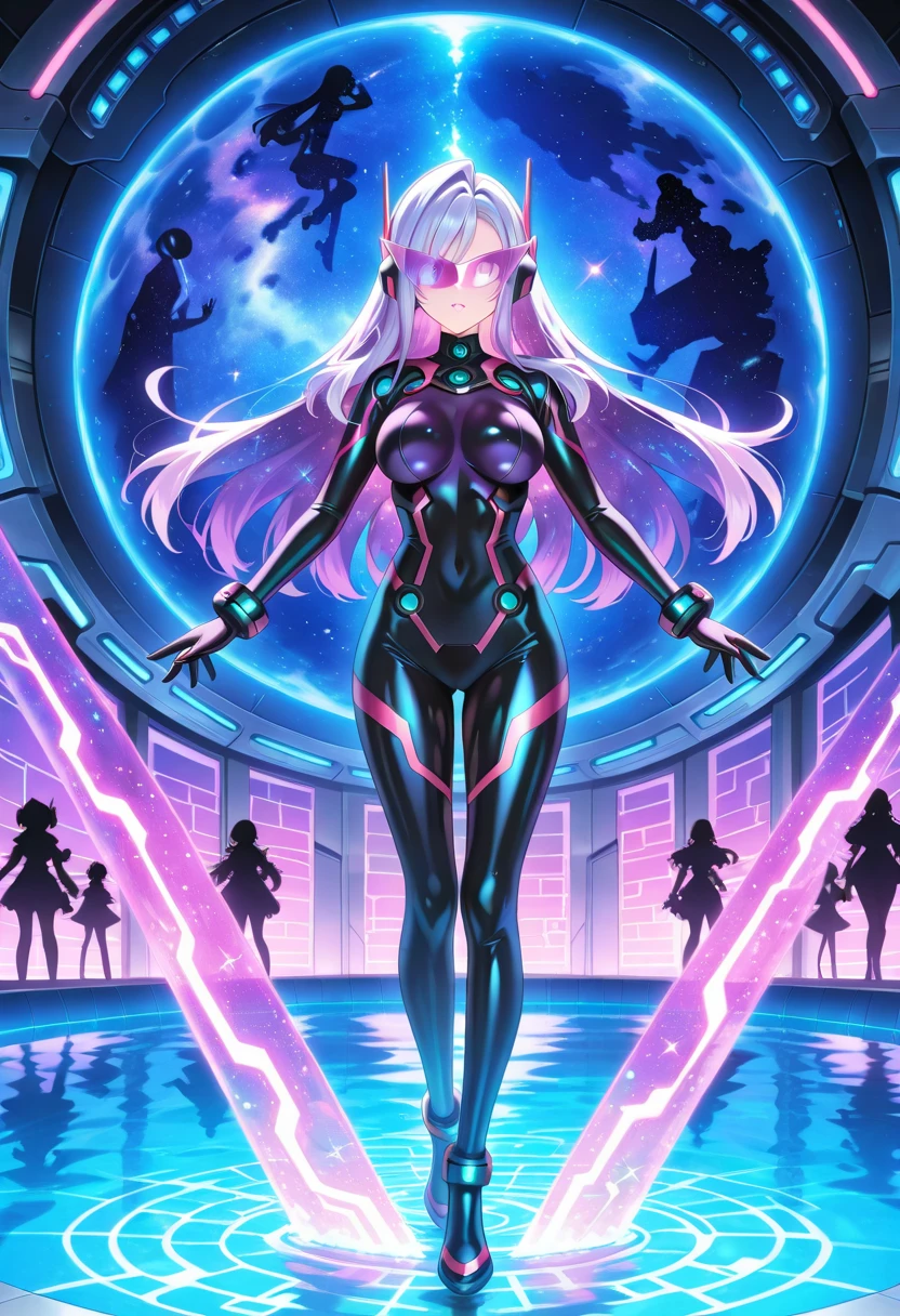 (Mejor calidad:1.3), (Better presentation:1.2), (best illustration:1.2), (comic style:1.2), (Artistic cinematic lighting:1.2) (1 mujer sexy), vistiendo poca ropa, Technological cyberpunk, his body is covered in neon lights, over a sci-fi cinematic background in a futuristic Cyberpunk city, Sensual looking girl is working on the engines of a spaceship in a hangar, with neon lights that highlight your figure while the sun says goodbye in the background, creating a retro and futuristic atmosphere at the same time.