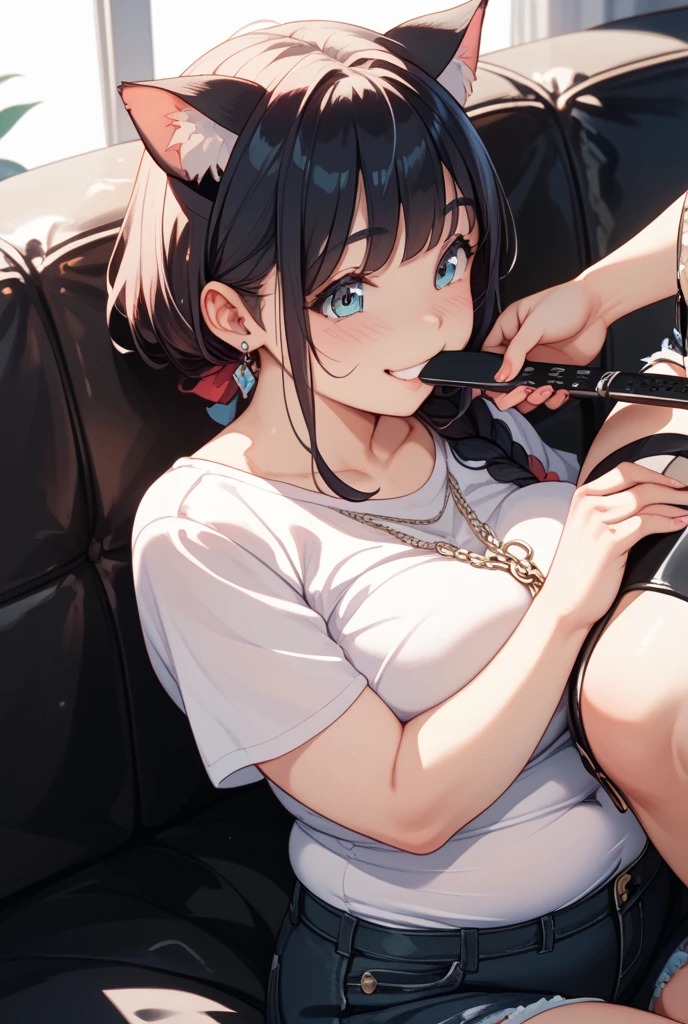Sitting on a black sofa,looking ahead,from above,handjob,side view,face focus,open mouth,tongue out,cum on tongue,Licking a white dildo,(1girl,Beautiful 14 year old girl),((Slender,Small breasts,Baby Face,Small face,)),looking at viewer,Black Hair,bangs,two side up,Gray Eyes,Drooping eyes,slit pupils,narrow eyes,ollarbone,white t-shirt,off-shoulder look,bare shoulder,Denim shorts,Beautiful and detailed anime art,Mischievous smile,Dimly lit room,Simple Background,Gray background,Low lighting
