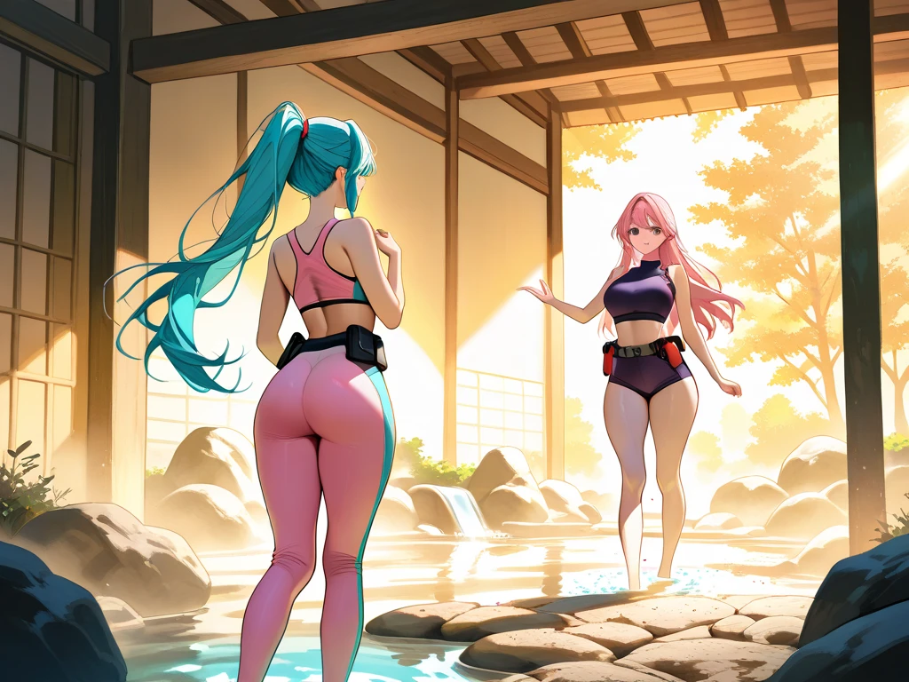 (From behind), (spreading legs wide), (pov), (paint:1.3), massive hips, pink hair, in a public bus stop, wide hips pov side view, (twins:1.2), detailed face, (two twin women wearing face masks), full body shot, (sitting on a bench), sharp focus, realistic, (full body view), from the side, (sweating:1.3), (big breasts:1.4), (muscular), cute, (skinny), college age, (absolutely drenched in sweat:1.3), (extremely detailed hair:1.2), (green hair), (ponytail), (extremely detailed face, eyes and skin), (cute face), (socks), (sharp features), 4k, best quality, detailed background.