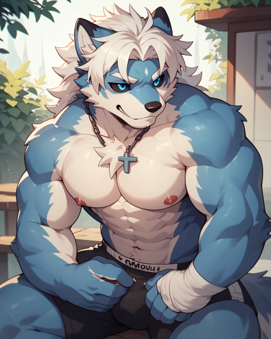 Mountain, flat colors, anime style anthro, multiple, male, hands chained up to wall, laying on the ground, (heavy punched bruised marks on abs, scars on body, white eyebrows, black fur, white body and tail, blue eyes, tongue out drool a bit. fully naked, body arched in pain, big hard canine penis, begging, precum dripping, muscular ripped body, eight pack abs, flexing aggressively, storage room background, masterpiece, best quality, show whole leg, tattoo on arm, muscles with veins)