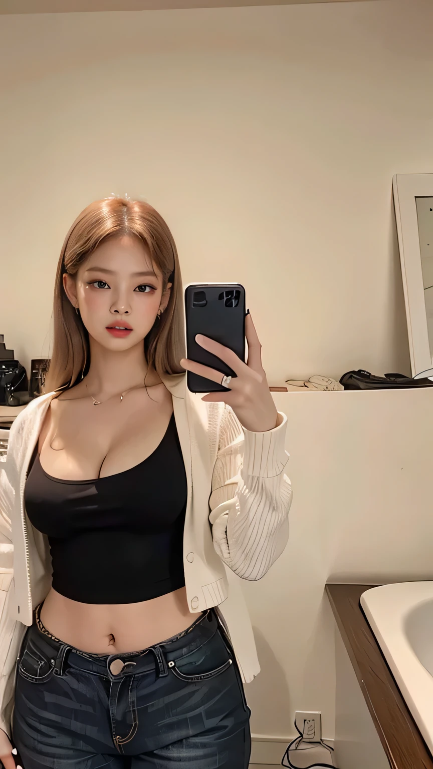 Mulher loira tirando uma selfie em um espelho do banheiro com um telefone celular, linda mulher coreana jovem, clivagem, good young girl, Heonhwa Choe, Ulzzang, menina coreana, Roupa aberta v peito, mulher coreana jovem bonita, 2 Modelo feminina de 4 anos, Mulher sul-coreana bonita, usando uma camiseta regata de corte baixo, 19-year-old girl