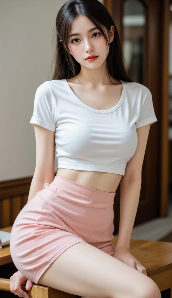 Highest quality, figure, Very detailed, Fine details, High resolution, 8K,wallpaper, (Detailed high quality, Realistic depiction of eyes,cute,Kind eyes,Childish:1.2), (Perfect plain T-shirt:1.2, Tight mini skirt),Large Breasts:0.8 Big Natural Color Lip, Bold sexy pose, (((10-year-old girl)))、(cuteタイプ、Lolita)、Beautiful feet, Hotel Rooms, Gravure idol pose, (Woman standing on top, Straddle, sit)