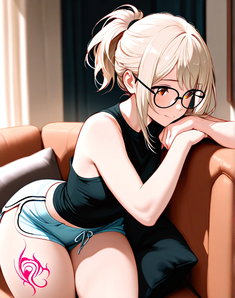 (masterpiece, best quality:1.2), solo, Android 18 from Dragon Ball, ((light gray hooded sweatshirt, Oversized hooded sweatshirt, long sleeve, black thin thigh highs, white panties)), thighs, midriff, small breasts, blonde hair, (single hair bun), ((blue eyes)), (wearing glasses), earrings on earlobes, slender feminine figure, narrow waistline, skinny body, (reading a book), cleavage, off shoulder, light blush, indoors, chill, room, hot coffee, window, organized, simple, white-based interior, a few plants, rain, cloudy sky, magnificent view, blur background, 4K, knees up, on the cute chair, (pale blue chair), legs apart,