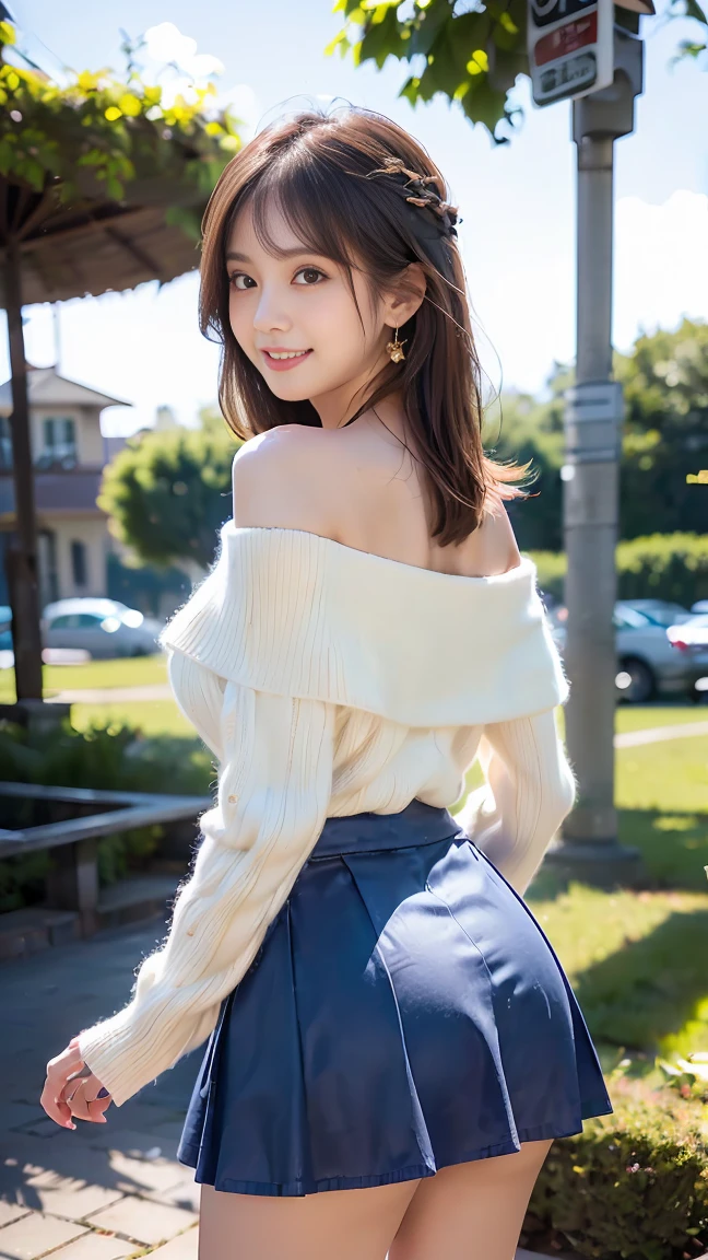 (8K, highest quality, Raw photo、masterpiece: 1.2), Super detailed, highest quality, ultra high resolution, professional lighting, photon mapping, radio city, Physically based rendering, cinematic lighting, Depth of written boundary, 1 female、24-years-old、 ((mountain top))(full body shot), ((OL uniform、skirt、pantyhose))((suit、skirt、pantyhose)) (looking at the viewer:1.3) very slim, medium breasts, (pull clothes, Dress Tags, Wind, Wind lift:1.4), ((from behind))(buckshot), cute, white skin、looking at the viewer, light smile,alone, enchanting smile, wide opening, professional lighting, Sony α7R4, Zecy 50mm F1.8, medium breasts,thin and beautiful eyes,