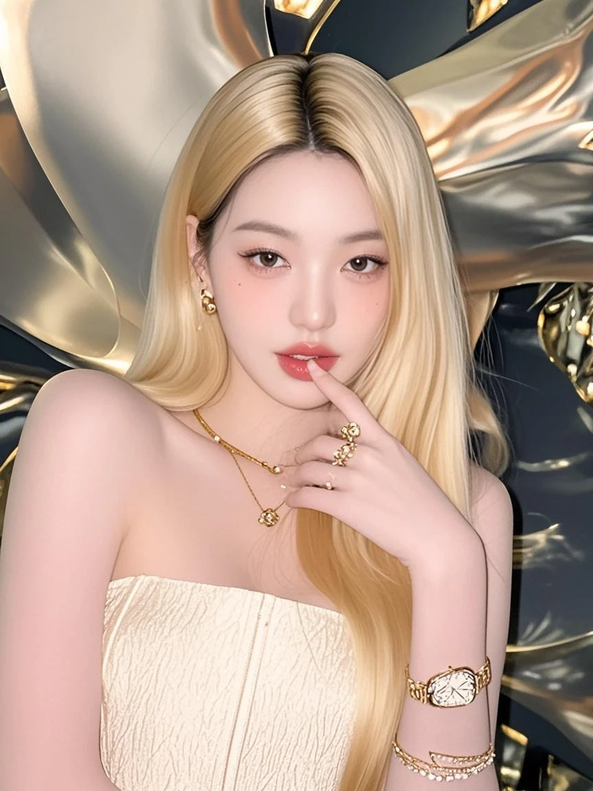 “A close-up portrait of a stylish woman with smoky eye makeup and glossy nude lips. She has the face of Kumi Koda and long, straight hair with blonde highlights. The background is dark, and she is wearing statement jewelry, including rings and earrings, with an edgy, glamorous vibe. The text ‘VISÉE’ with star motifs is prominently displayed in the foreground in a metallic, 3D style.”