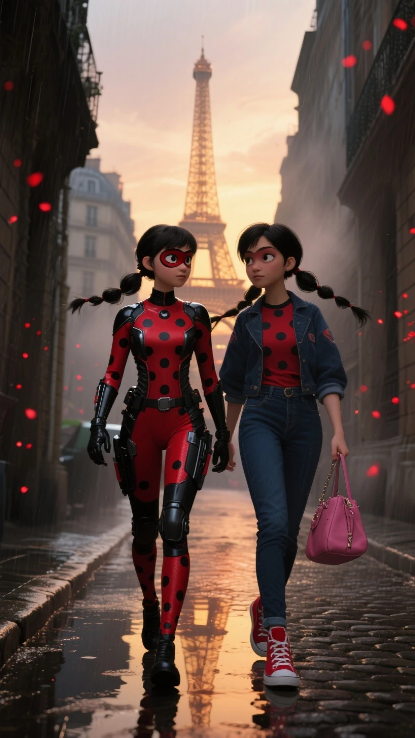 Ladybug (Marinette),teenage girl, blue_hair_color,pigtails_hairstyle,short_hair,wearing her red and black-spotted superhero suit, Depict Cat Noir (Adrien),teenage boy,blond_hairstyle,The young boy is a little taller than the young girl, Ladybug and Cat Noir are standing on the edge of a Parisian rooftop and watching in wonder, the Eiffel Tower and the Seine River are visible in the distance, illuminated by moonlight, the rooftop setting should have a soft, intimate atmosphere, 3d animation, Disney inspiration, High quality image, 8k