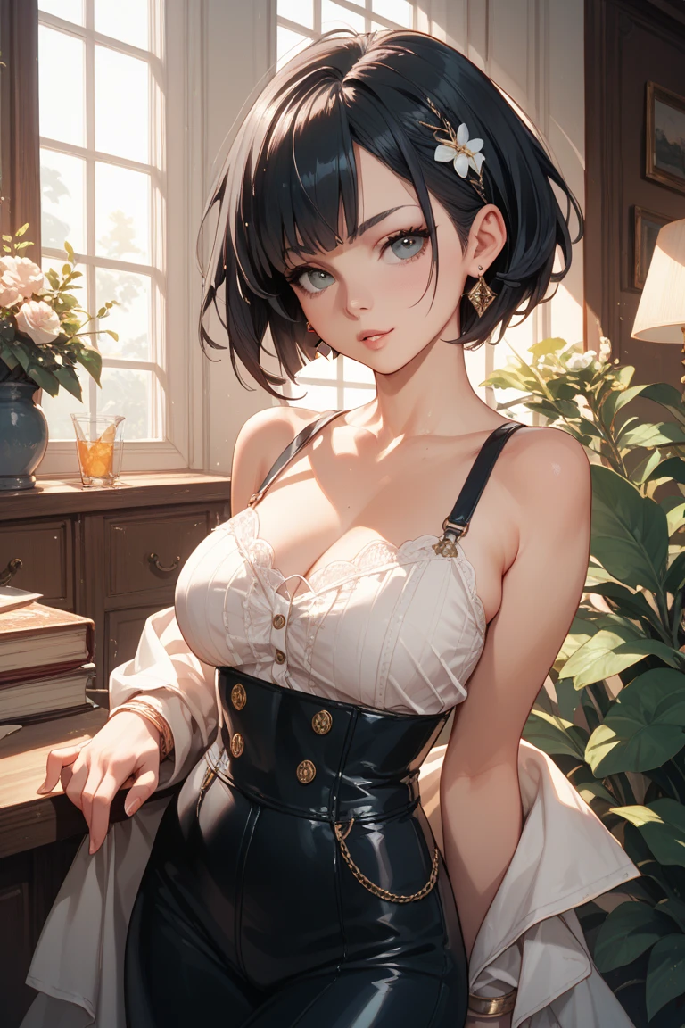 absurdres, RAW photo, extremely delicate and beautiful, masterpiece, Best Quality, ultra high resolution, 32k, hyperrealistic, ultra-detailed, perfect anatomy, anatomically correct, perfect figure, Perfect Style, Perfect balance, super Detailed skin, in her 30s, very Slim body, narrow waist, very small head, very small face, delicate facial features, handsome detailed woman, very detailed eyes and face, realistic face proportions, Realistic beautiful face, Realistic beautiful eyes, tearful mole, earring, very huge round tits, full body shot, bare legs, medium hair, indoor, Airship Pilot costume, skirt, sleeveless,