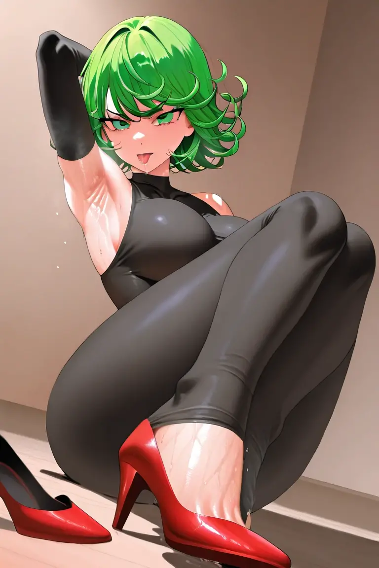 score_9,score_8_up,score_7_up,score_9,score_8_up,score_8,ultra detailed,beautiful face,beautiful hands,detailed background,detailed face,4k,HD,8k,highres,antialiasing,detailed,Tatsumaki,1girl,solo,looking at viewer,smile ,smug smile, black hair,medium breasts, green eyes,grin,black leotard,bodysuit,covered navel, cowboy shot,room,room background, squatting, inflatable body, inflatable skin, latex skin, shiny skin, rubber skin, plastic skin, inflatable hair, plastic hair, shiny hair, rubber hair, latex hair, futanari, horse cock futanari, horsecock, cum dripping from tip of cock into condom, cumming into condom, cumming, comdon filling, grabbing own cock, huge condom, condom balloon, transparent green condom full of cum, whole character in view, hard nipples, green latex thigh-highs, platform heels, extra tall platform heels, green latex elbow gloves, looking down on viewer, view from below, blushing