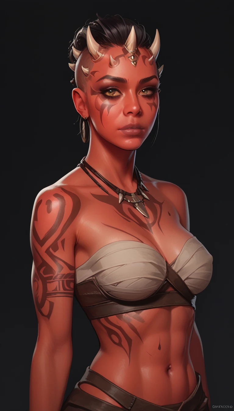 A tattooed (AliciaVikander:EvangelineLilly) with a powerful presence, her body adorned with a unique blend of abstract and realistic designs, digital art, by artgerm, hyperdetailed, (hi top fade), cowboy shot, dark fantasy.