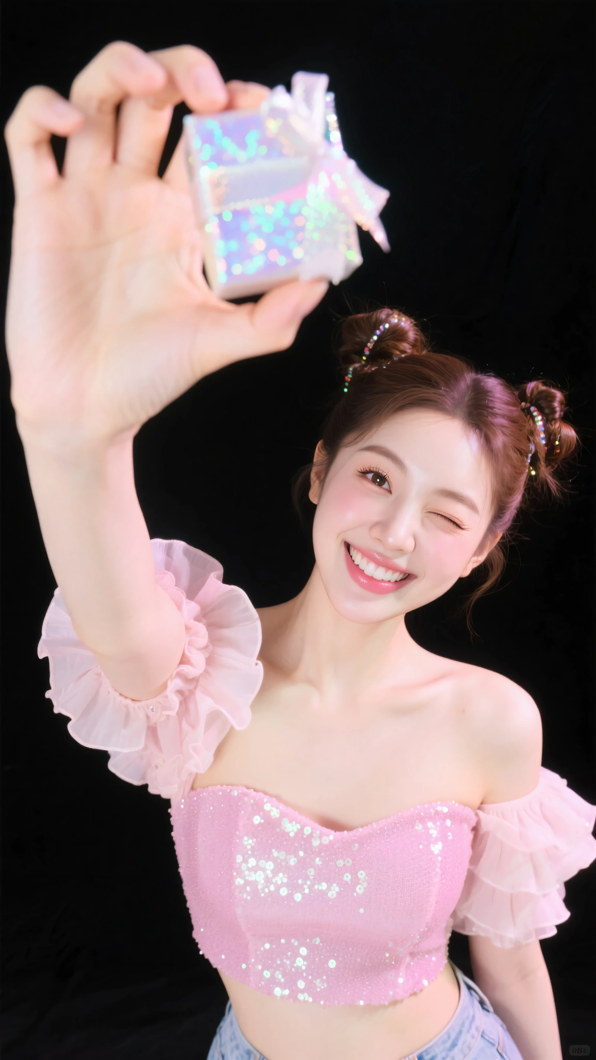 8k, Masterpiece, Top Quality, beautiful Korean woman, clear skin, high twin bun updo hair, glitter strands, wearing flashy pastel pink sequin bustier top, playful ruffled off-shoulder sleeves, POV high angle shot, looking down, focusing on her bright winking cheerful smiling face, one hand outstretched upwards offering tiny glittery gift box, bright bubbly studio pop lighting, medium close-up shot.