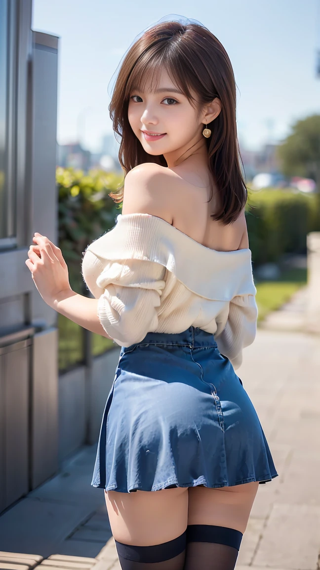 mix 4, (16K, Raw photo, best image quality, masterpiece: 1.45), (realistic, Photoreal: 1.37), one girl, photon mapping、beautiful japanese woman, 20-year-old, dark brown hair,straight hair,medium long hairstyle, With bangs,Beautiful well-groomed eyes、((double eyelid))、
(White off-shoulder knit)、(pink pleated miniskirt), black knee high socks、exposed thighs、cute smile、((Pose that emphasizes the buttocks、looked back))、((((The wind is blowing and my skirt is flipping up, Please expose your panties))))、(white lace panties)、cute earrings、(tilt your head a little)