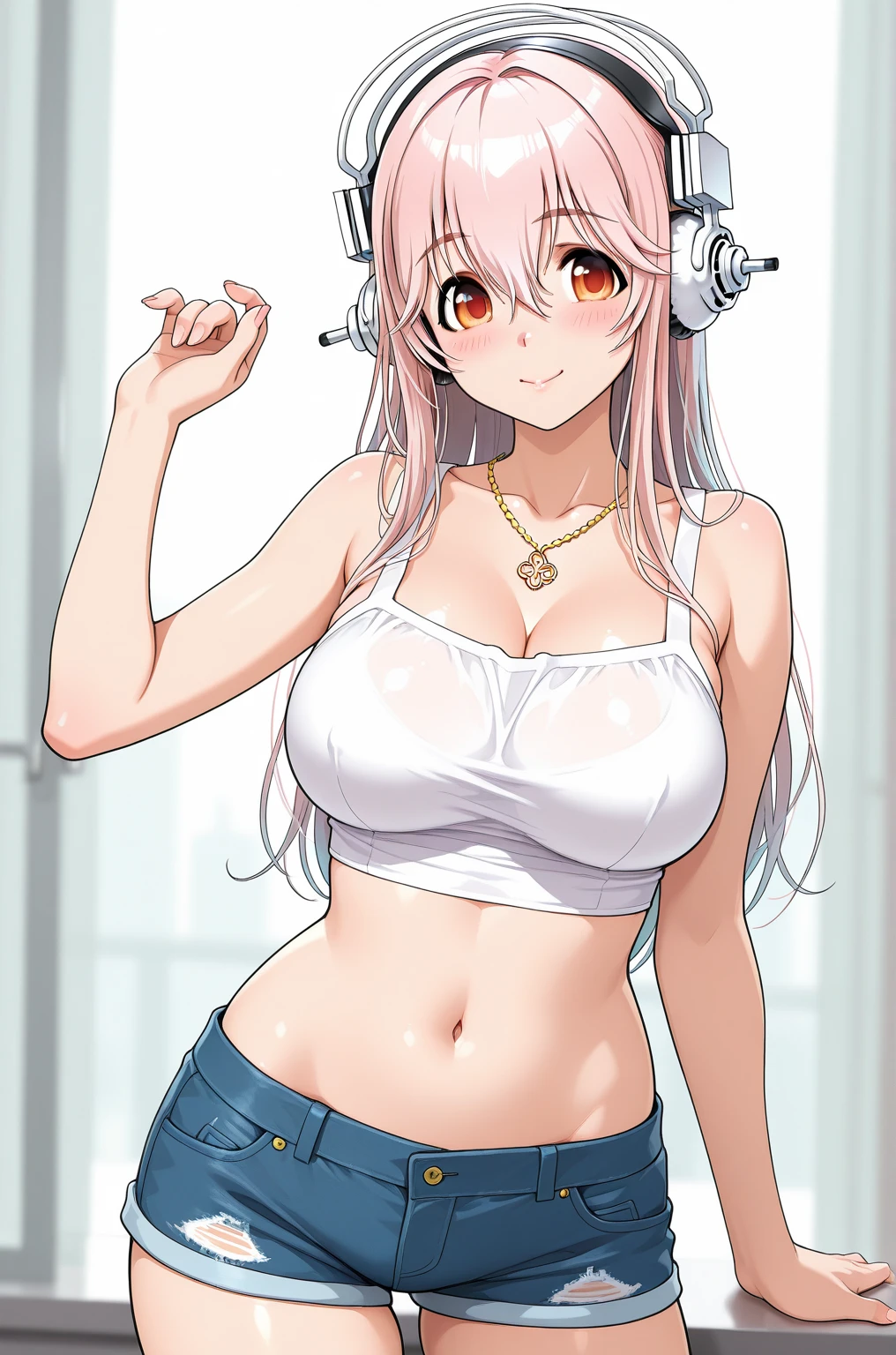 (highest quality:1.2, Comic Artwork, Comic book style, Very detailed, up to date, Vibrant, digital coloring, High Contrast, masterpiece:1.2, Best Quality, Best aesthetics, aya), (((super Sonico, 1 Female:1.2))), Pink Hair, Medium Hair, Gradient Hair, Reddish brown eyes, Silver_Headphones, Yellow bikini top, necklace, Denim hot pants, Beautiful thighs, blue boots, Open your mouth, smile, Random Posing, Cowboy Shot, Simple Background.