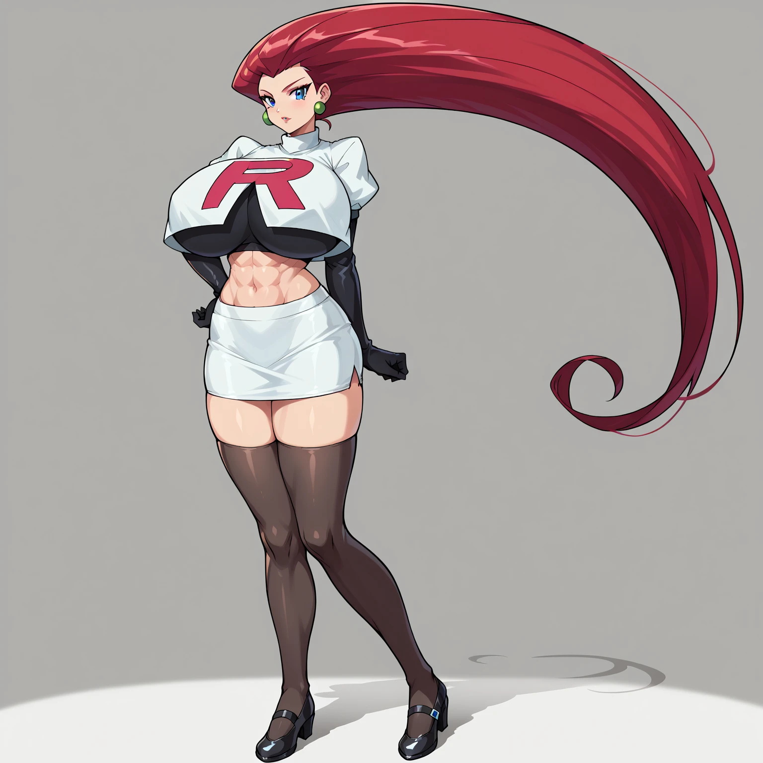 1dirl, white lab coat, lab coat, white glove, dark hair, red hair, long hair, blue Eyes, small horn, serious face, 19 years old, large breasts, triple D cup breasts, round buttocks, bubbly buttocks, wide hips, bubbly ass, fit and strong