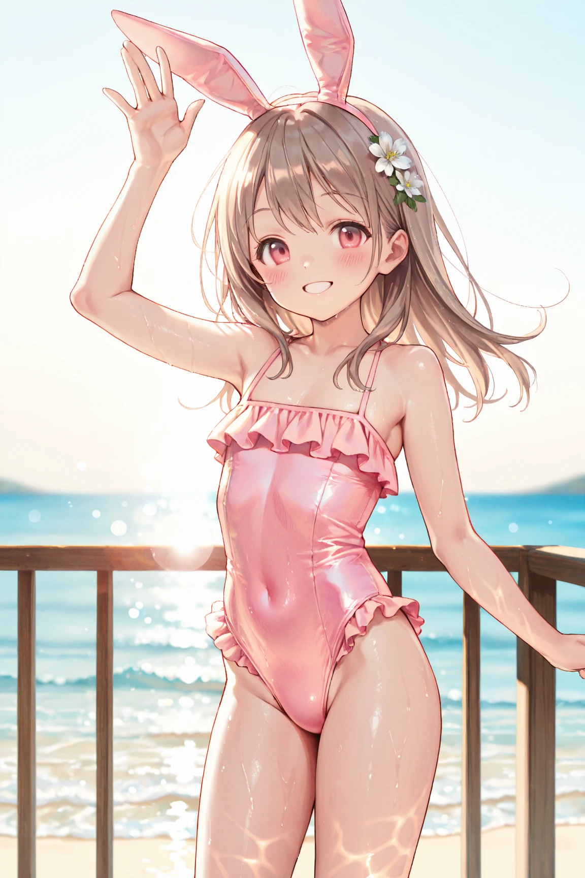 (nsfw), (perfect anatomy, balanced proportions, extremely cute illustration:1.1), poolside, blond hair, blue eyes, wavy long hair, ponytail, hairstyle with the bangs cut in half, (arms behind head, armpits:1.2), (embarrassed, smiling:1.2), (detailed gorgeous pink idol costume swimsuit with a lot of frills), baby face, (:1.5), (cute round face),