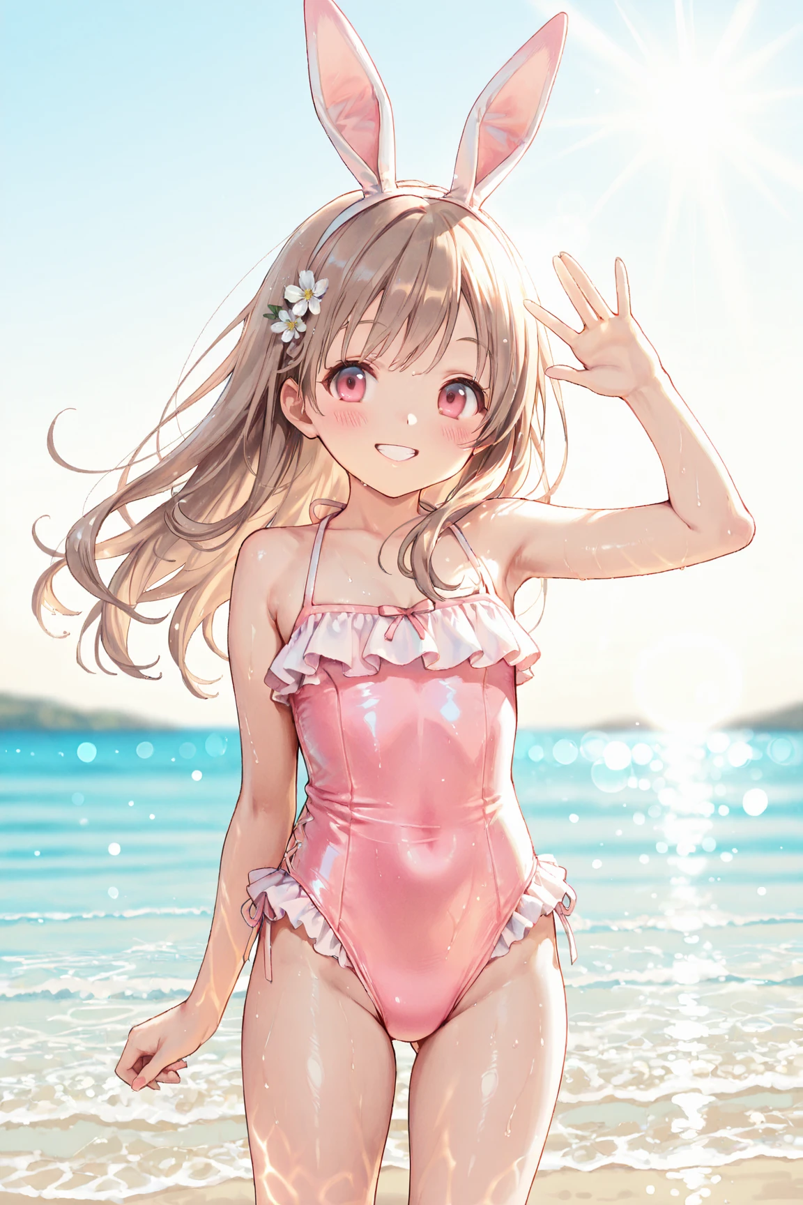 a girl standing in shallow ocean water under a clear blue sky. She has a sun-kissed complexion and long, light brown hair with soft waves cascading over her shoulders. She is wearing a two-piece swimsuit with a strap around the neck; the top is bandeau-style with a halter neck strap, featuring a coral pink color with white polka dots. The top has a sweetheart neckline, accentuated with a small frilly detail along the edge, and it is underwired, providing structure. The matching bottoms have a similar frilly detail along the waistline. Her posture is relaxed yet playful as she gently touches her midriff with both hands, and she offers a soft, engaging smile, her head tilted slightly to the side, adding a sense of approachability to her demeanor.