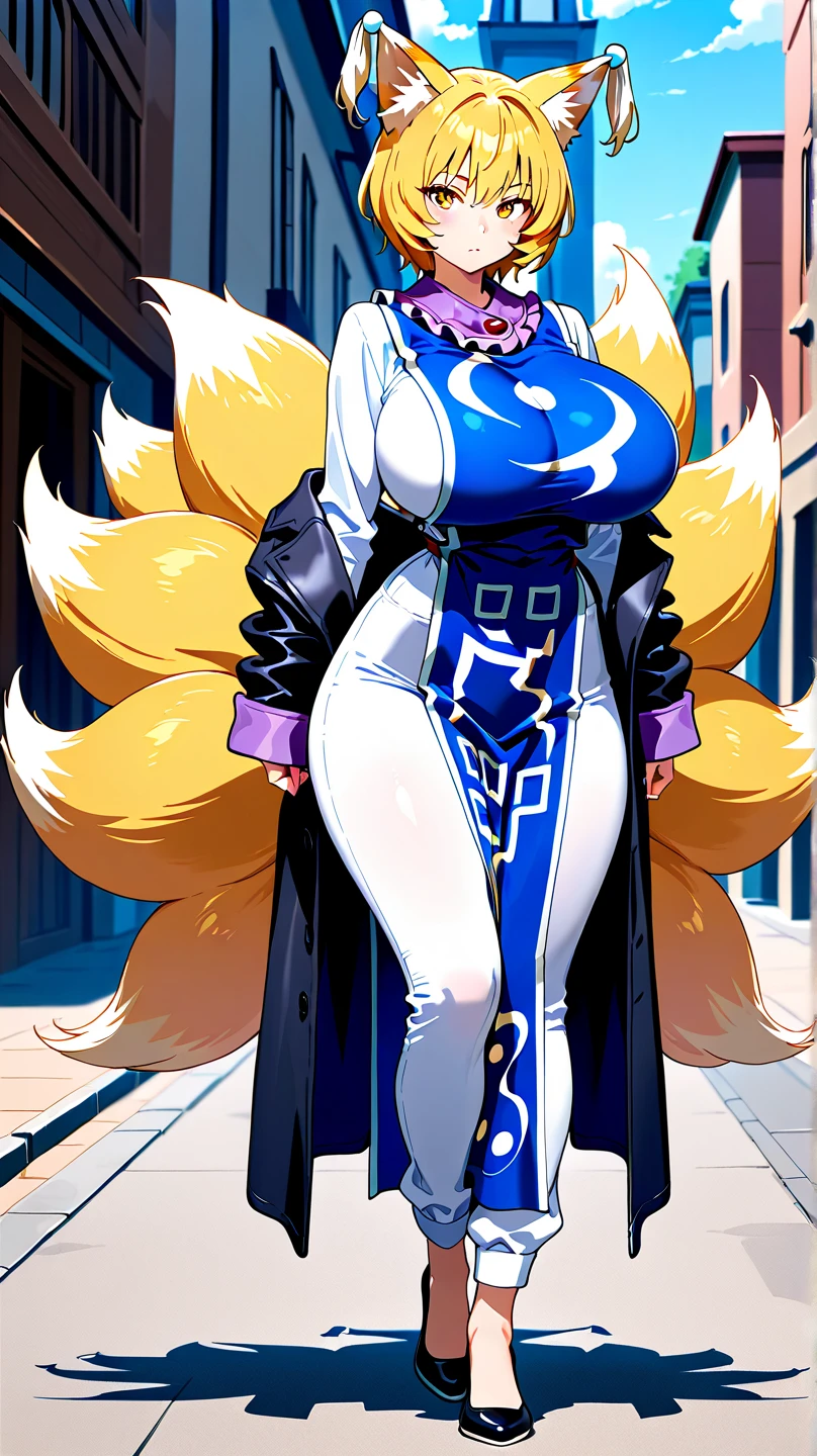 ((Reshiram)), anthropomorphic, big breasts, big ass, pokemorph, (((1girl))), ((( yellow dress shirt))), (black skirt), (black heeled boots), full body, cute and sexy, white skin, long legs, smiling