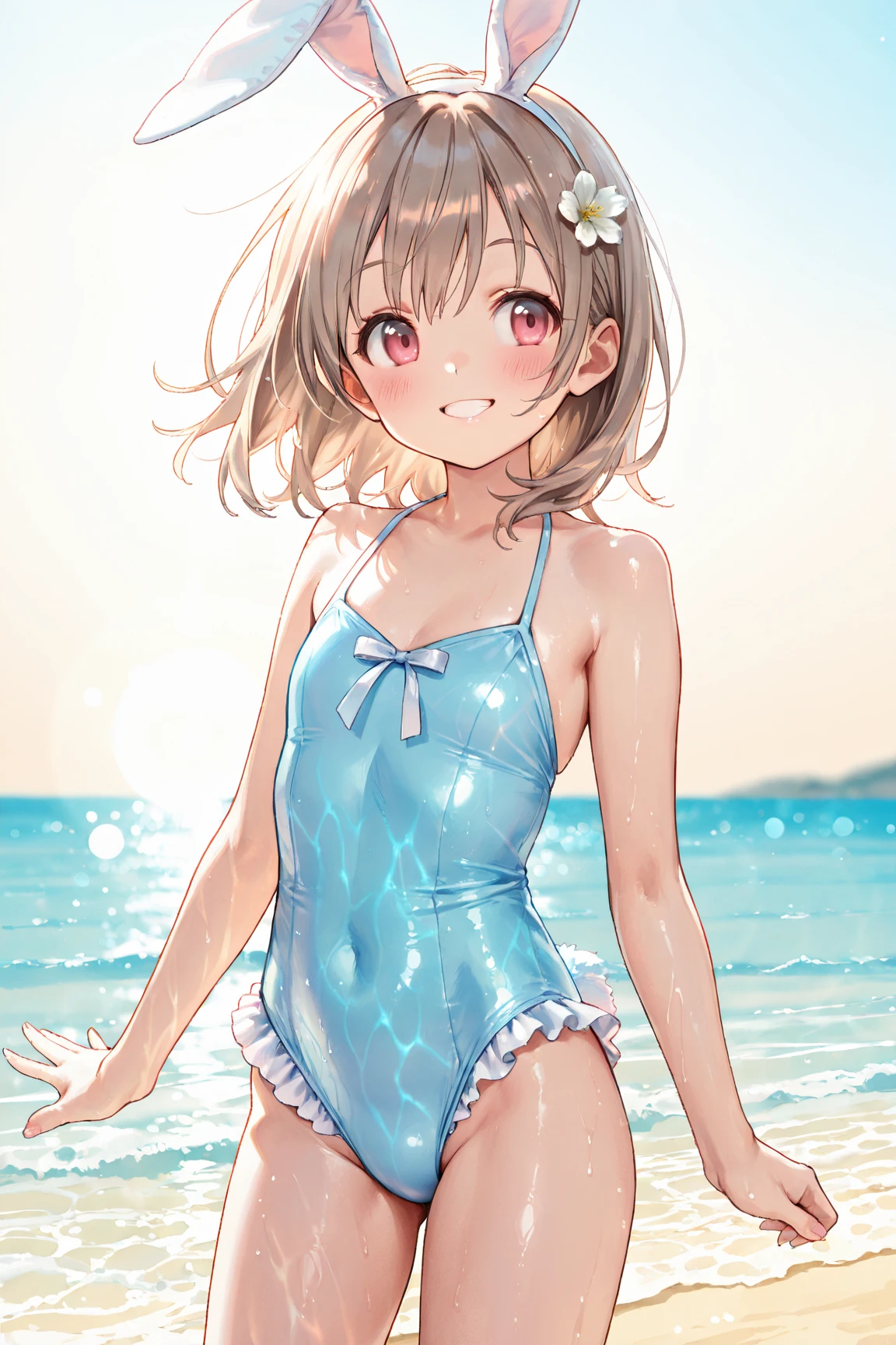 1girl, solo, watanabe you, white competition swimsuit, blue eyes,small breasts,short hair, one-piece swimsuit, beach,looking at viewer, arms behind back,get wet,pussy,blue eyes,highleg swimsuit,grey hair,blush,closed mouth,smile