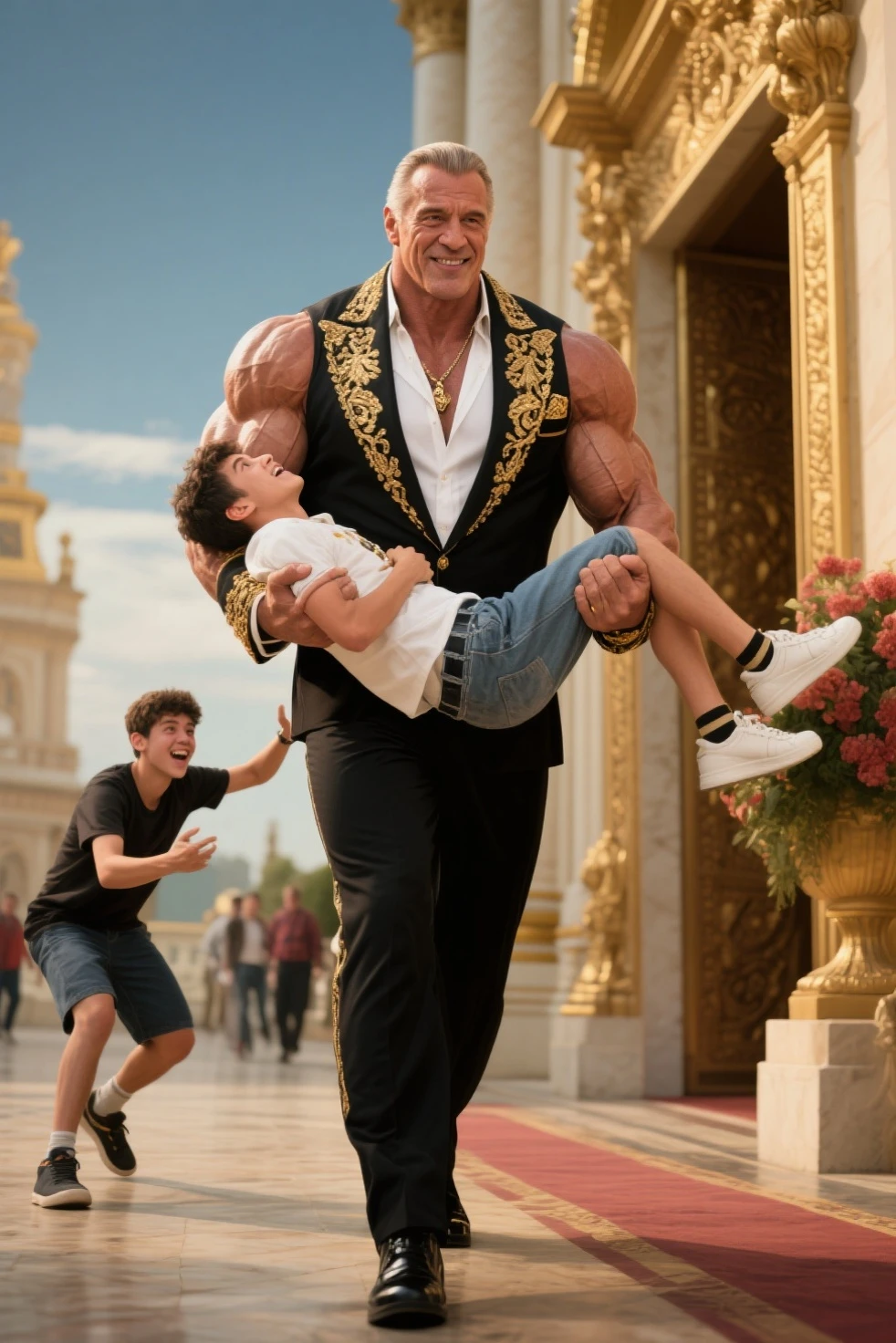 He has enormous muscles, muscles so big they make his head look small compared to his body. The muscles of his shoulders are so big and inflated that they seem to surround his head and make it look small. His legs are more muscular and enormous, They are twice as long as those of a normal body, and these are three times larger and more muscular., His thighs look especially more developed and inflated with muscles which he wears a pair of extra-long white Nike football stockings that he wears stretched up to his knees and white Nike Air Max 97s.. The stockings should be very long and should be super stretched so that all the muscles in the god's legs vibrate.. He has short hair and white eyes He is standing with his legs together and striking a double bicep pose. The white stockings must be super stretched to cover the entirety of his leg and thigh muscles. He wears short black leather briefs decorated with gold studs at the waist and a tight, shiny, long-sleeved leather shirt with gold detailing on the collar and sleeves. He wears a long flowing white cloak.. He is levitating above a crowd of people who are super small and whom he crushes with his feet.. The power of God surrounds him in the form of an aura that makes him appear imposing..