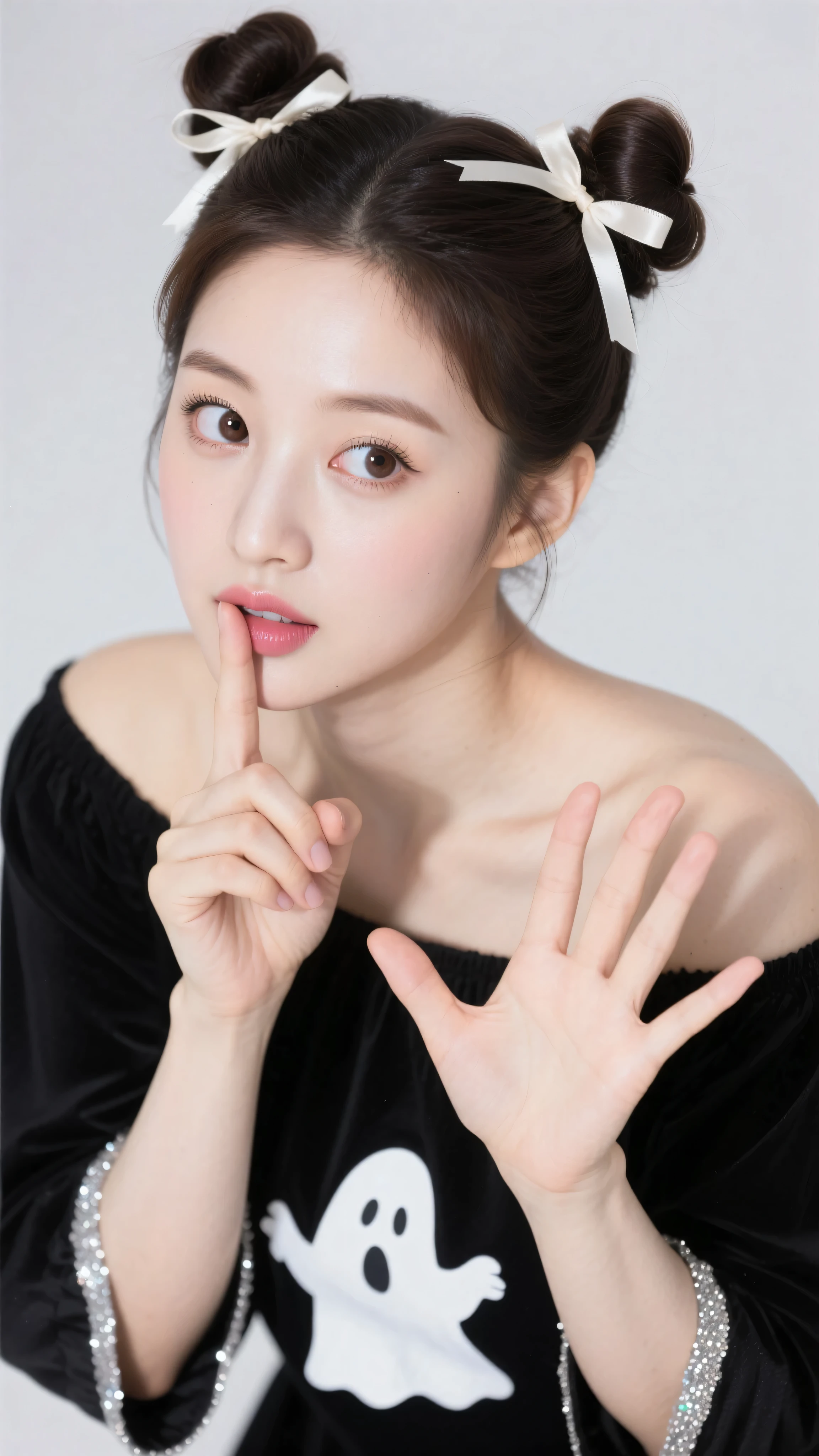 8k, Masterpiece, Top Quality, beautiful Korean woman, clear skin, two small bun updo hair like ears, ribbons, wearing black off-shoulder top, playful white ghost print, sparkly silver trim, POV high angle shot, looking down, focusing on her face, one finger to her lips in "shhh" gesture, other hand outstretched palm open towards viewer, wide innocent mischievous eyes looking up at viewer, bright but slightly softened lighting, medium close-up shot.
