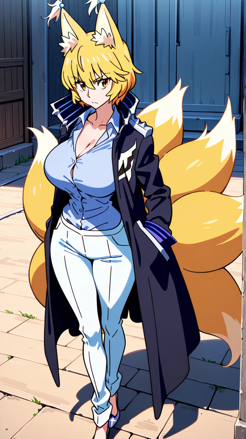 ((Reshiram)), anthropomorphic, big breasts, big ass, pokemorph, (((1girl))), ((( yellow dress shirt))), (black skirt), (black heeled boots), full body, cute and sexy, white skin, long legs, smiling