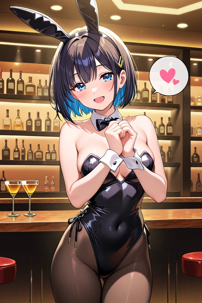 (5fingers, peace sign:1.6), (gleaming skin:1.3), mature woman, blush smile, A milf with black short hair, sky-blue eyes, wearing a playboy bunny, black rabbit ears, wrist cuffs, black leotard, gigantic breast,standing, night town, Red-light district. crowd. arms behind back.