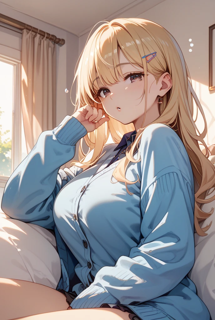 masterpiece, absurdres, best quality, ultra detailed, high Resolution, detailed illustration, bright colour, (extremely beautiful detailed face and eyes, Delicate beautiful face, 1 girl, 18yo, cute face:1.3), (magenta eyes:1.1), sparkling eyes, big eyes, (medium breasts:1.3), (perky breasts:1.1), (pointy breasts:1.1), medium hips, glamorous body, white skin, BREAK, (blonde hair:0.8), messy hair, detailed hair, shiny hair, BREAK (casual blouse, frill skirt:1.3), perfect lighting, (ecstasy, vulgarity:1.5), (embarrassed:1.3), bed, panties, Hold your knees,