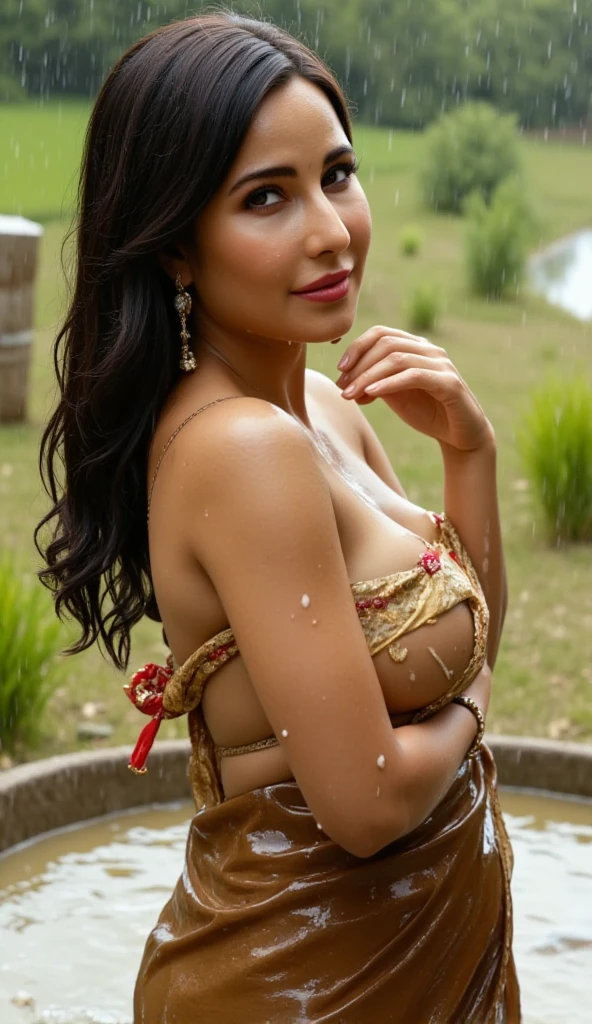 ((Highest quality, whole body, Surreal, 16K, High resolution, Detailed works)) masterpiece, Beautiful young Japanese aboriginal woman, Ainu, Black Hair,Double, very hot, Excited, Fuller lips, Thick thighs, Beautiful breasts, Sweaty, Beautiful Eyes, Hair loss, Wearing a bandana around his forehead, Earrings, Wearing a top made from animal skins, wear a small cape made from animal skin, She wears a tribal bikini made from animal skins, barefoot, She thrusts her butt up to seduce the viewers.,Standing next to a spice stall, observe, smile (Showing teeth) With a very happy and kind face, Lively, Ancient feudal Tokyo ((Highly detailed background, Different poses and angles)).