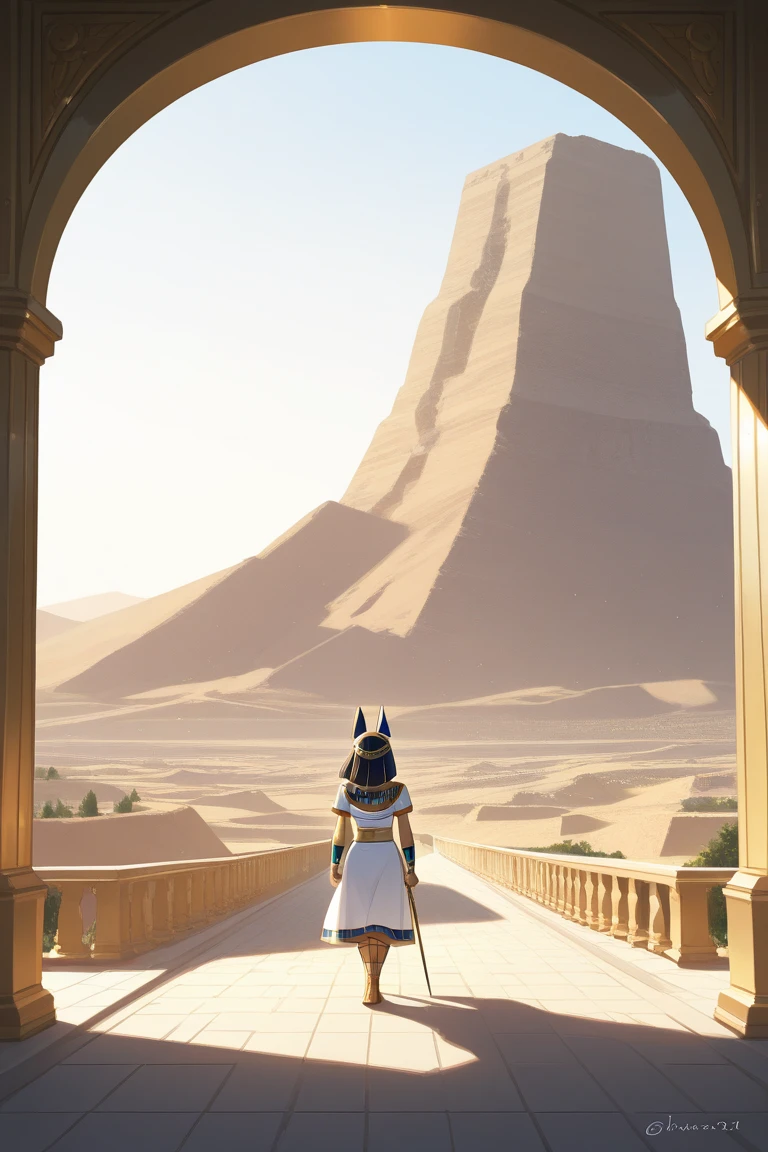 かわいいAncient Egyptの15歳の女の子、Ancient Egypt、View of the Nile、A colorful view of the whole、whole body、Low - Angle、Standing posture、Reeds are growing、Ancient Egyptの船、Ancient Egyptの風景
