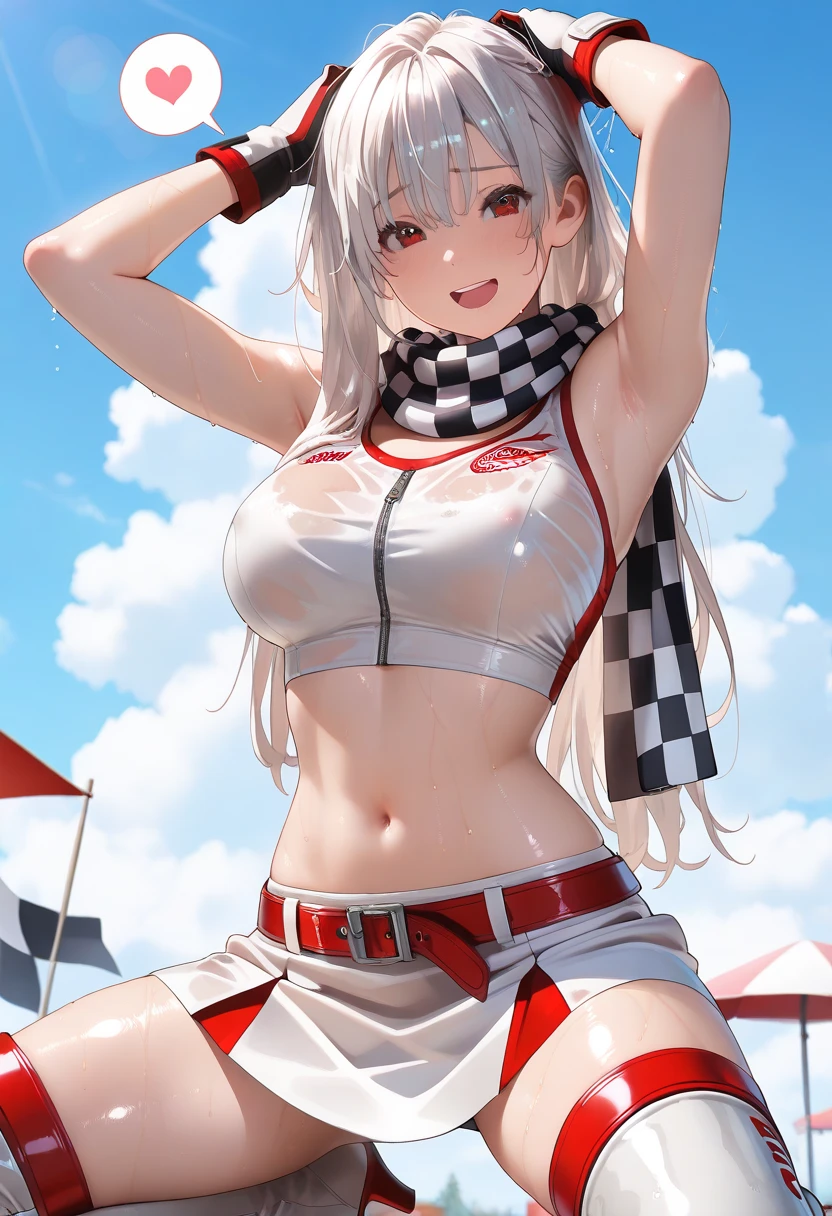 1 girl,masterpiece,solo,White长发,red eyes,Smile,T cup,Bra exposure,Whitebra,Hands behind you,Underpants exposed,White,White,sports shoes,Running,front view,The background is the square,There is a crowd nearby