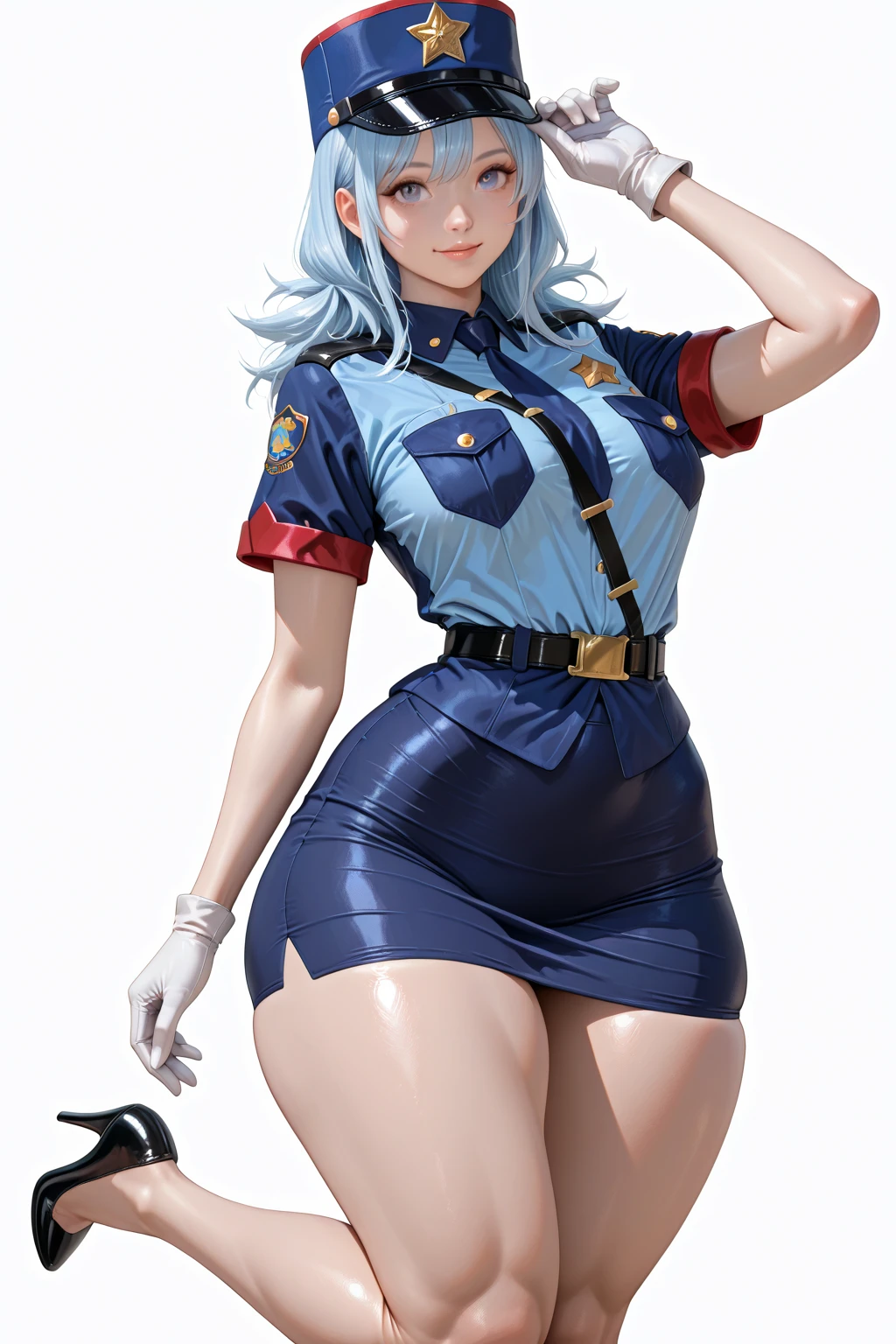 score_9, score_8_up, score_7_up, 1girl,solo,1girl,solo, rkn-chan, blue eyes, twintails, hair ornament,blue jacket, necktie, long sleeves, latex blue pantyhose, standing, medium breasts,upper body, narrow waist, (cameltoe:0.6), thick thighs, hands on hips, upper body, open mouth, blurry, eyelashes, <lora:SadeXL_v1.8-000022:1>, <lora:gijinkaseries_rkn-chan_ponyXL:1>