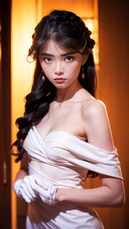 a woman wearing jeweled lingerie, small round breasts, Earrings, (((Trendy hairstyles))), intricate beading and gems on the undergarments, shimmering in the light, elegant and alluring, high quality 3D render, hyper detailed, photorealistic, chiaroscuro lighting, cinematic composition, porcelain skin, seductive expression, flowing hair, minimal background, warm color palette