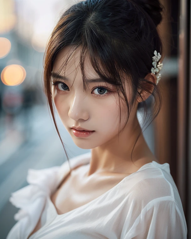 realistic、(masterpiece、best quality、best quality、official art、beautiful and aesthetic:1.2)、very detailed、female，people々turn black:1.2，((backlight:1.2))，fractal art、fancy、highest detail、tangled、(The background is bright and abstract.:1.5)silver hair、bright eyes、All Back、masseter area，high quality，1peopleの少女、Idol、enlargement、clavicle、painting、movie、depth of written boundaries、Zito order、Eyes seen from below，long hair，View viewers、split，((Surrealist clothing:1.4))，puffy eyes，Sit，