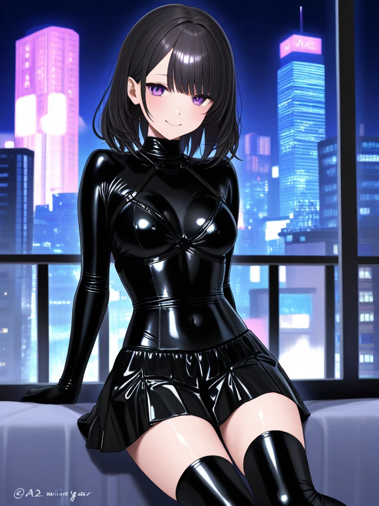 ((safety、Absolutely safe、Safe and secure、everyone、safety Sensor)), (Accurate human body、Knowledgeable person、Correct five-finger、RAW Photos、 4K - ultra-vivid、highest quality, masterpiece, Ultra-high resolution, (reality: 1.4), Lighting that matches the atmosphere of the space、

(((Oilskin,Glowing Skin、Realistic skin texture、Fine and beautiful skin、Shiny skin)))、

Upper Body Shot, Low camera angle, Written boundary depth, Focus on the center, Fine Eyes, Perfect face and eyes、

頭から足まで、

girl, Black short bob, Early teens, Black oversized shirt with zip front, Black mini skirt, Purple collar, Tons of piercings、Slender body、Super big 、Are standing , mischief, zettai ryouiki, irrational solution, Absurd, highest quality, (night:1.5, Nightlife:1.6)、Sit on the sofa、