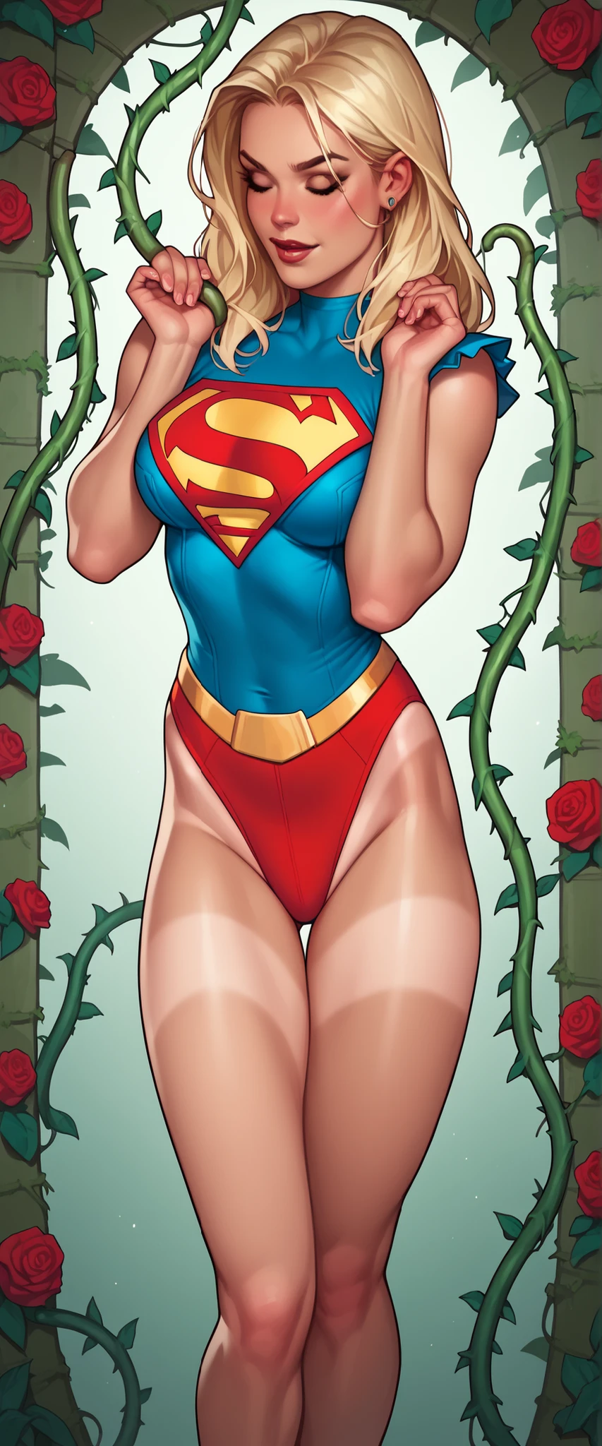 (((Poison Ivy))), (((Superman))), High quality, best quality, masterpiece, (1boy1 1girl), (hetero:1.5), mature woman, curves, long wavy redhead hair, green eyes. cleavage. (((woman wearing strapless black leotard))), woman with ahegao face
