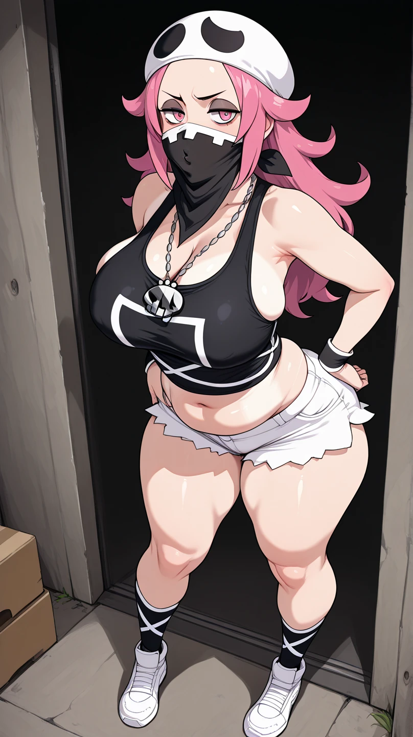 1girl, cowboy shot,solo,black highleg bikini, thick thighs, pink hair, very long hair, animal collar, black horns, (curvy:0.5),medium breasts, breasts,