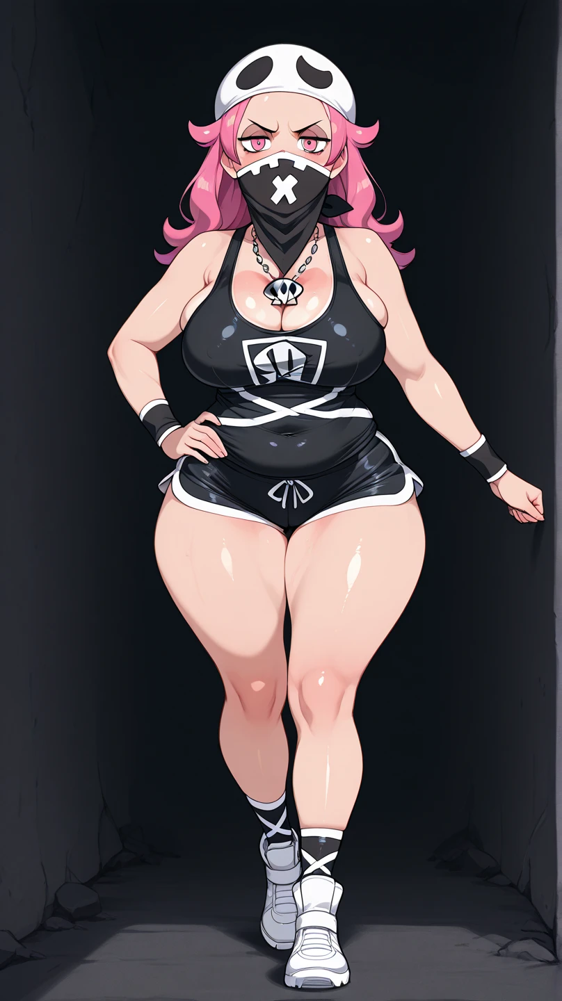 (masterpiece, highres, best quality:1.3), 8K, highly detailed, intricate, colorful, vibrant image, sharp focus, digital blending, 4K, trending on pixiv, Ingrid, (negligee), mature female, 40yo, milf, curvy, (dark skinned female:1.15), dark skin, looking at viewer, pink hair, very long hair, forehead, hair intakes, purple lipstick, makeup, mole under mouth, yellow eyes, perfect eyes, perfect face, ultra detailed hair, ultra detailed face, earrings, ultra detailed lips, large breasts, ultra detailed lipstick, full body