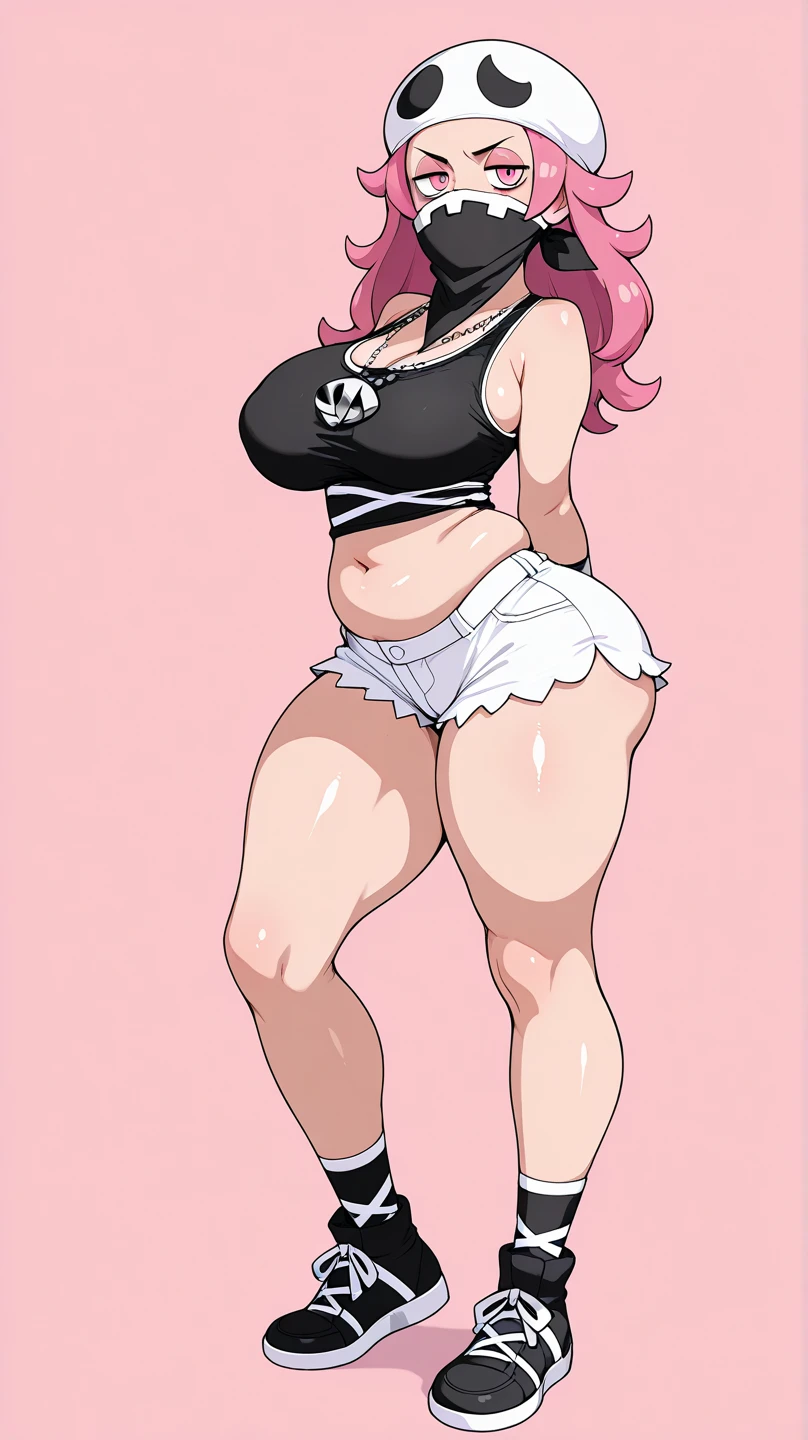 Thin, Thick, massive, looking at viewer, 1girl, solo, red lipstick,, tan skin, Mexican, 20 years old, long dyed pink hair, white bunny ears, thigh highs, black skirt, black top, darker skinned