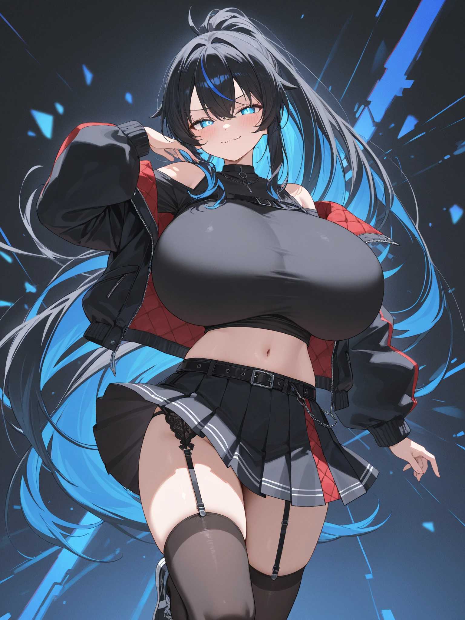 KAITOMITSUKO, BLUE HAIR, PONYTAIL, HALF UPDO, ASYMMETRICAL BANGS, LONG HAIR, RED EYES, huge breasts, live stage, solo,