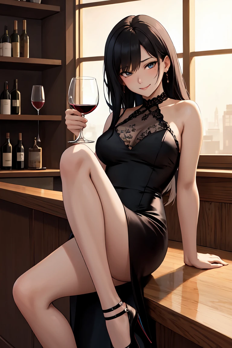 Beautiful woman, wearing a fashionable outfit, in her luxurious penthouse, sitting on a giant white sofa, long dark brown hair, wearing black colored clothes, wearing stockings, beautiful perfect eyes, satisfied smile, holding a glass of white wine in her right hand, left hand on her lap, left leg resting upon the right leg, giant clear window behind her, city with neon lights in the background, nighttime