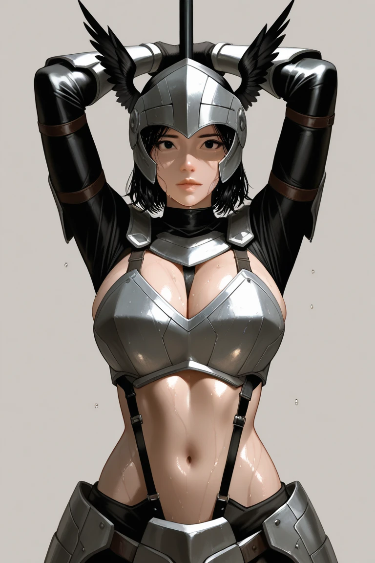 (high resolution, pixel perfect, gorgeous illustrations), (hyper quality, muste piece, etheric: 1.4), ((nsfw)), (((cowboy shot))), face focus, ((1girl)), (((boyish))), (((((punk))))), hot Rocker punk girl, ((((sexy pose, open stance)))), cool atmosphere, black hair, ((((very_short_hair, slicked_back_hair)))), (((piercing))), eyelid_piercing, nose_piercing, (((Exquisite face, aroused))), blush, ((black_lips)), (gothic_makeup), tattoo, ((((muscular_female)))), (ideal ratio body proportions, slender, small breasts), fighter, ((((wh_chi_armor)))), ((highleg_leotard_armor)), (((cameltoe))), shiny skin, gleaming skin, simple background,