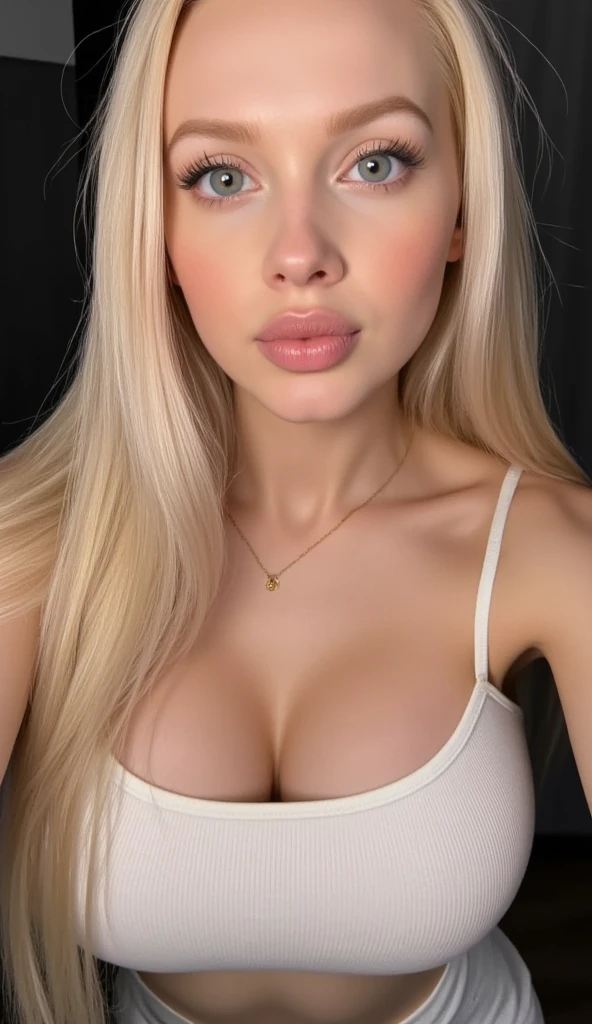 A 23 year old blonde woman, ((breasts big)), ((Hyper-Realism)) ,. blonde hair with light blonde roots. hair blonde, Hair with blonde roots , extra long hair, comely, from front view, Selfie, photo taken with iPhone, Selfie no jardim, high qualiy, Selfie iPhone, neckleace, Full-body image