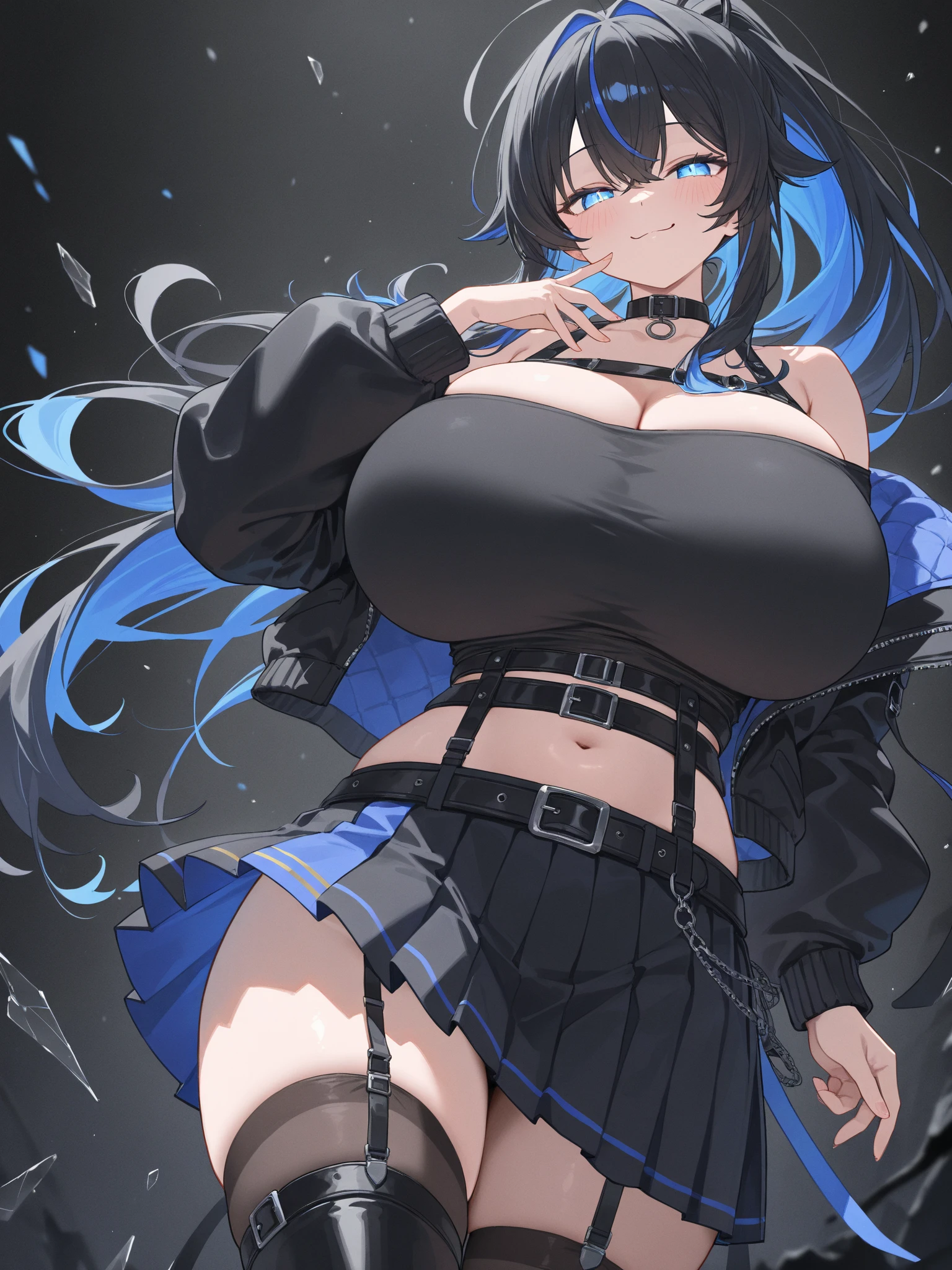 best quality, masterpiece, ultra-detailed, illustration, dynamic pose, Yoru, yorucsm, face scar, red eyes, black hair, looking at viewer, (evil smile), heavy eyeliner, (wearing a leather jacket, platform boots:1.2)  adorned with studded accessories, (layered necklaces), bold patterns, (torn fishnets), dramatic makeup, black nail polish, oversized rings, close-up shot, thick thighs, big breasts, big ass, wide hips, hip dip, glossy lips, cinematic lighting, volumetric lighting, vibrant colors, ray tracing, intricate details in 8k or 4k resolution