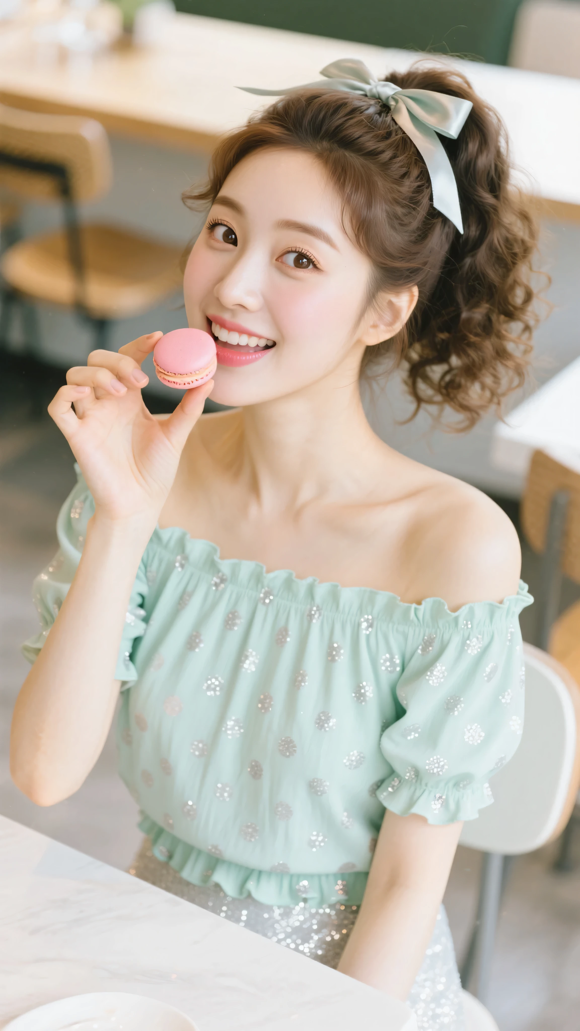 8k, Masterpiece, Top Quality, beautiful Korean woman, clear skin, high curly ponytail updo hair, satin ribbon tie, wearing mint green off-shoulder top, silver glitter polka dots, frilly hem, POV high angle shot, looking down, focusing on her playful inviting face, sparkling eyes looking up at viewer, one hand outstretched holding single brightly colored pink macaron towards viewer's mouth, bright clean cafe-like indoor lighting, medium close-up shot.
