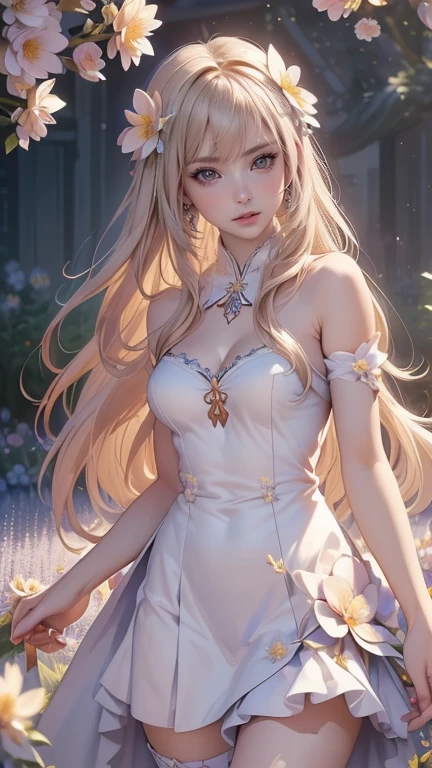 Una hermosa chica anime con cabello largo y dorado, ojos brillantes como estrellas, vestida con un traje de anime 3D con detalles intrincados y completos, surrounded by a magical aura with intense light. Su irresistible belleza enamora a cualquiera que la mire. Su hermosa ropa llena de detalles intrincados revela partes de su cuerpo. Render 3D, estilo anime, high resolution, ilustraciones detalladas."