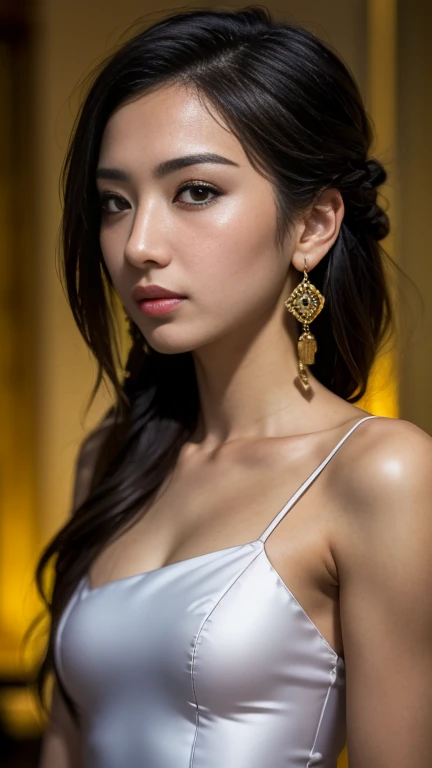 random posture, (very delicate and beautiful work), (masterpiece), 1girl, a girl in a white dress, high-detailed, leaking waist, contorted ponytail, charming look, beautiful clear eyes, green pupils, delicate necklace, delicate earrings, fairy ears, simple blurred background, very detailed description, beautiful, charming, Ultra-fine painting, delicate face, delicate figure, thin collarbone, beautiful lips, beautiful breasts, soft back figure, mix4, (8k, RAW photo, best quality, masterpiece: 1.2), (realistic, photorealistic: 1.37), girl alone, cute, cityscape, night, rain, rain, professional lighting, photon mapping, radiosity, physically based rendering, latex latex latex