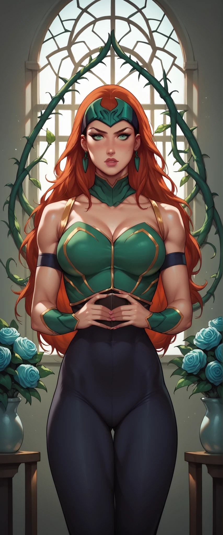 Mera, woman, mature face, red hair, golden face-framing headpiece, green bodysuit, long sleeves, breast cleavage, golden belt, green boots