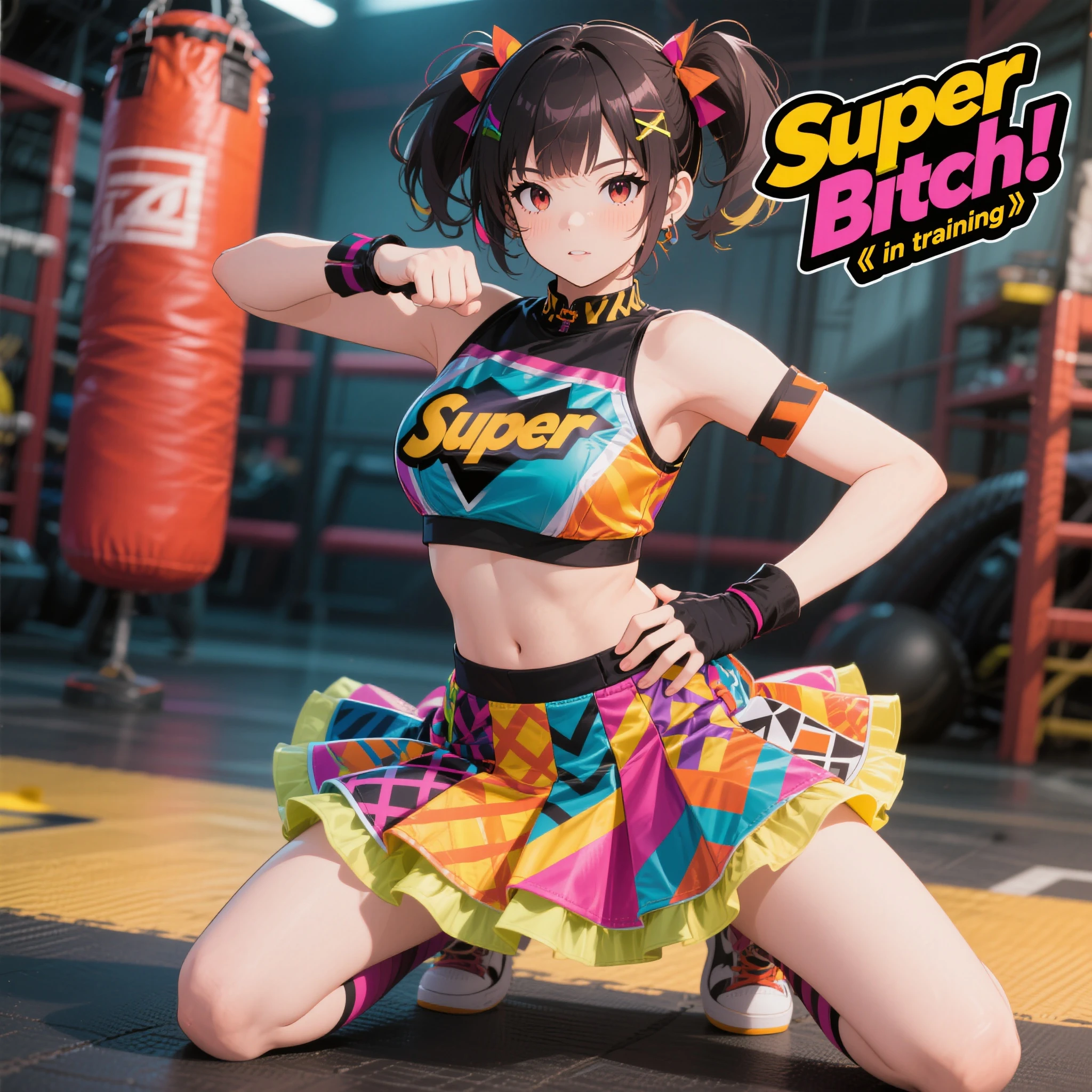 Pink cheerleading outfit, black bleached hair, and black eyes with anime poses. short skirt.